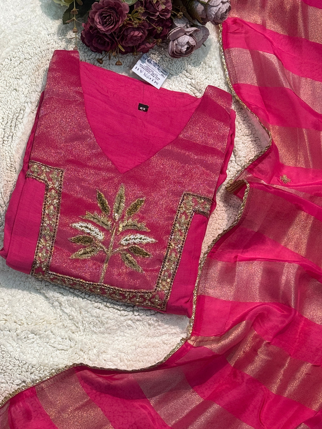 Premium Mul Chanderi hand worked aline kurta with pant and dupatta