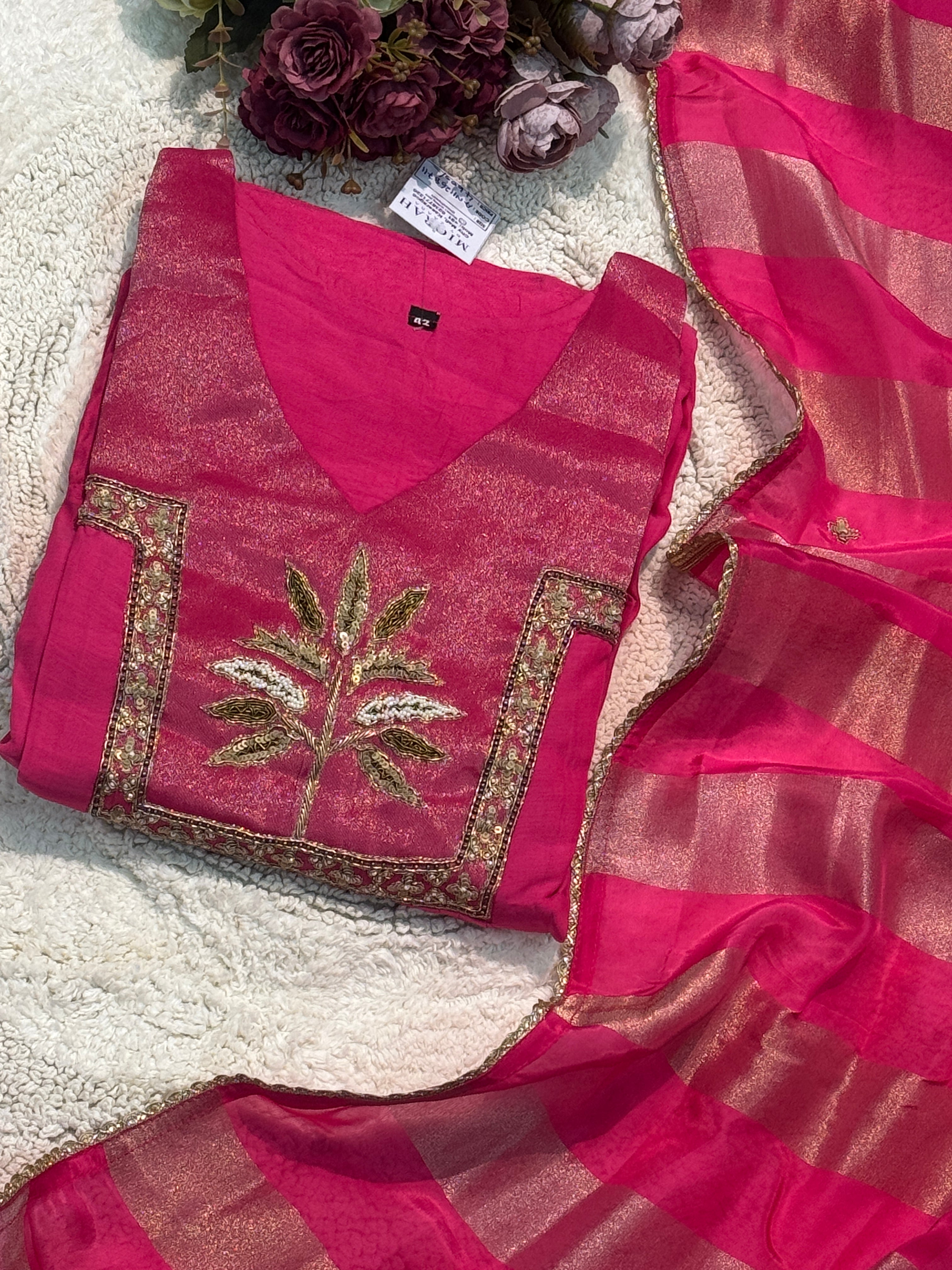 Premium Mul Chanderi hand worked aline kurta with pant and dupatta