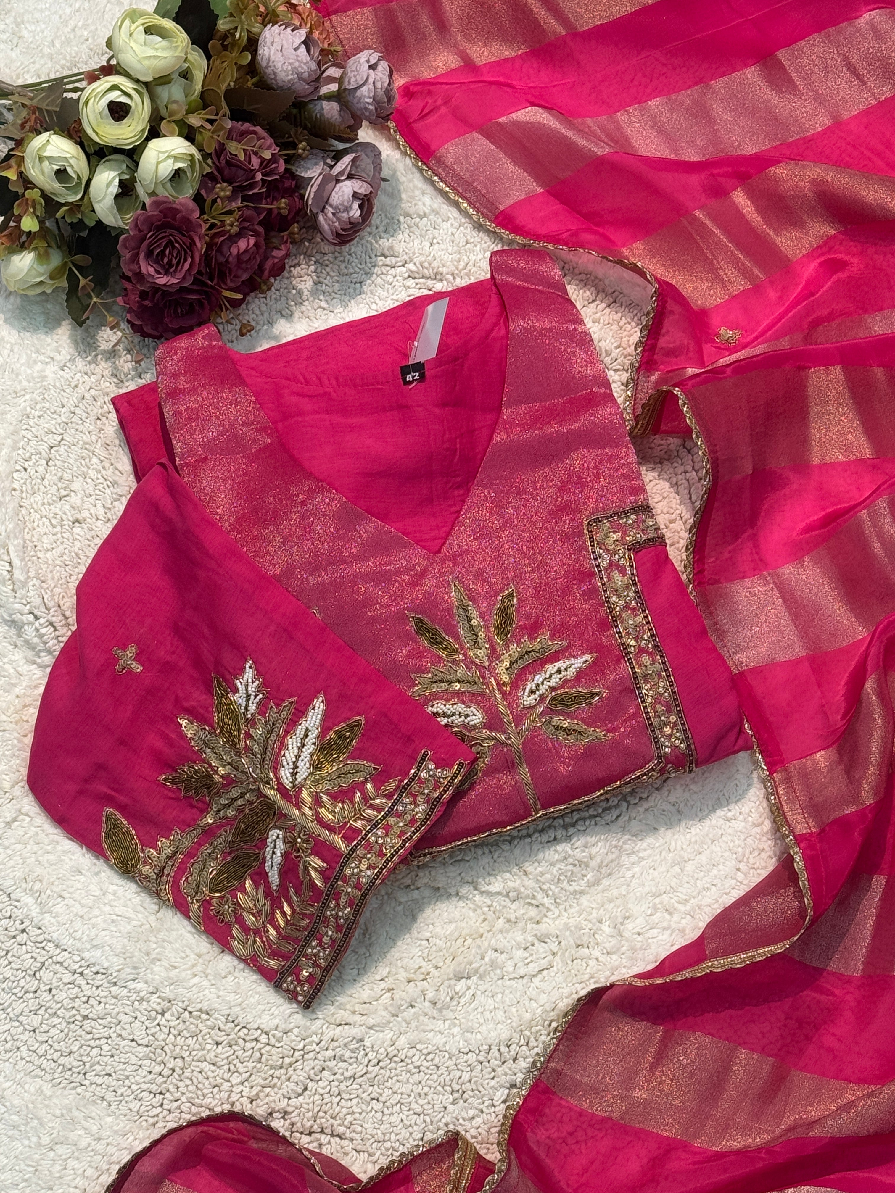 Premium Mul Chanderi hand worked aline kurta with pant and dupatta