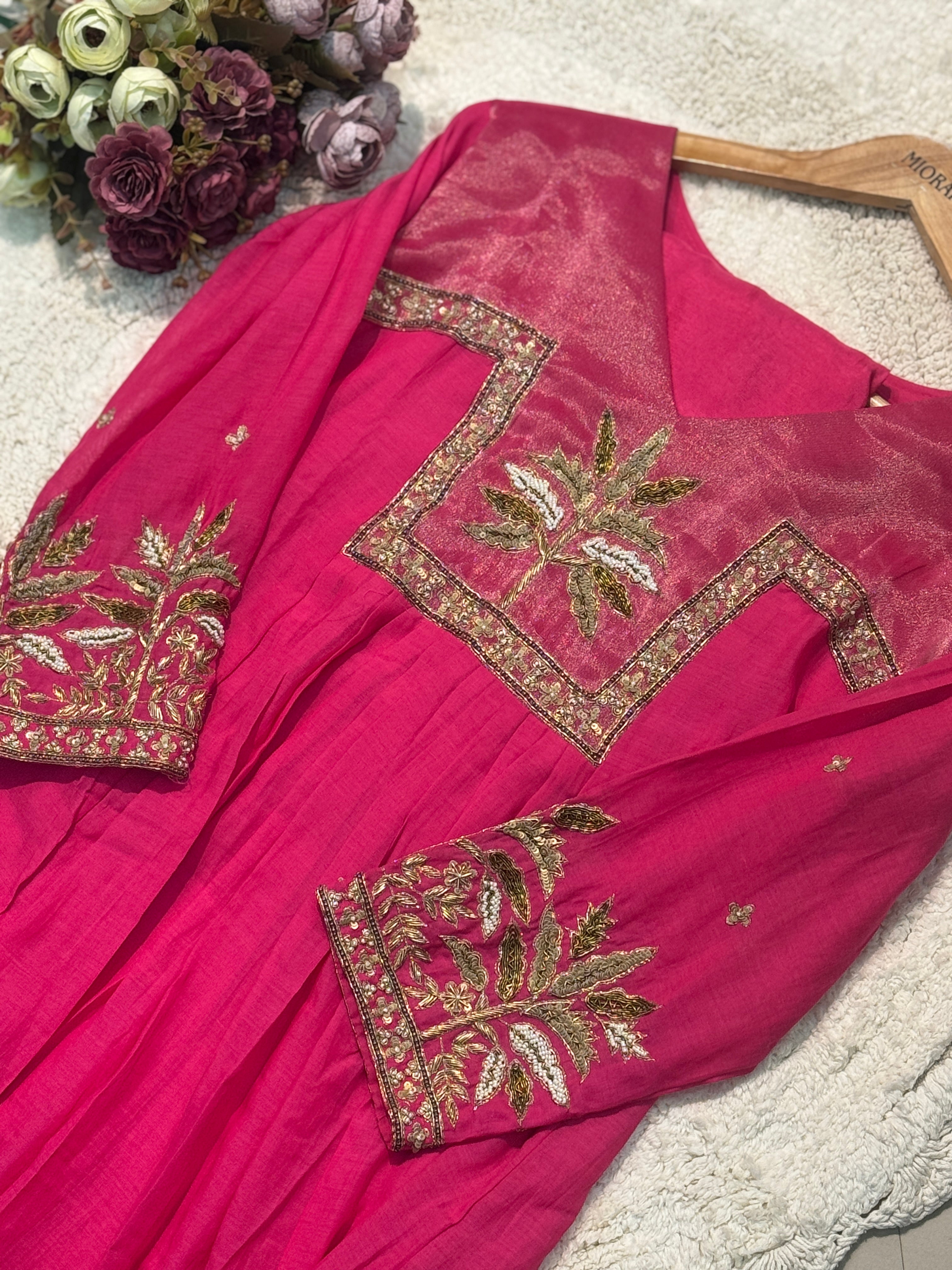 Premium Mul Chanderi hand worked aline kurta with pant and dupatta