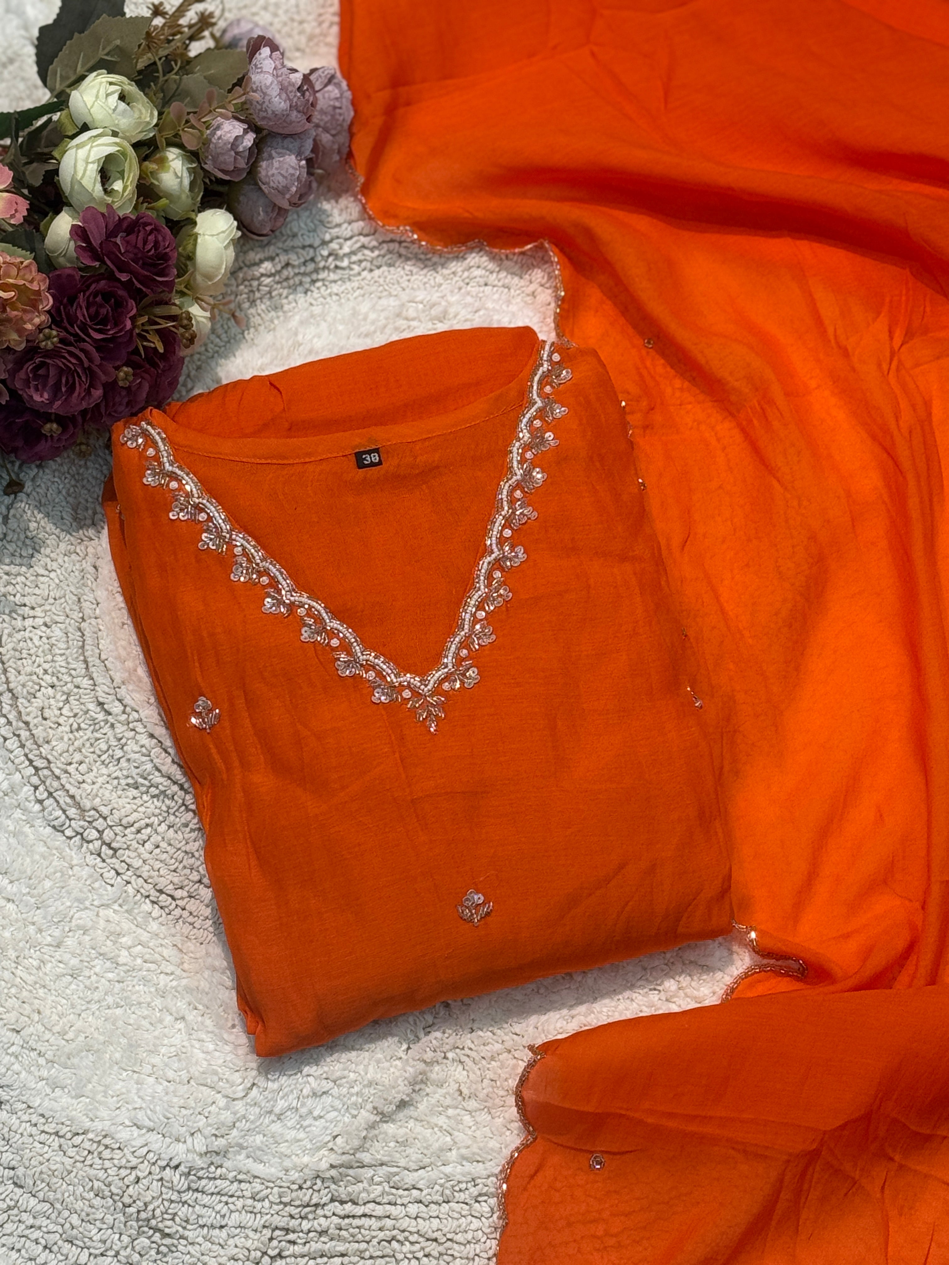 Premium Mul Chandheri handwork aline kurta with pant and dupatta