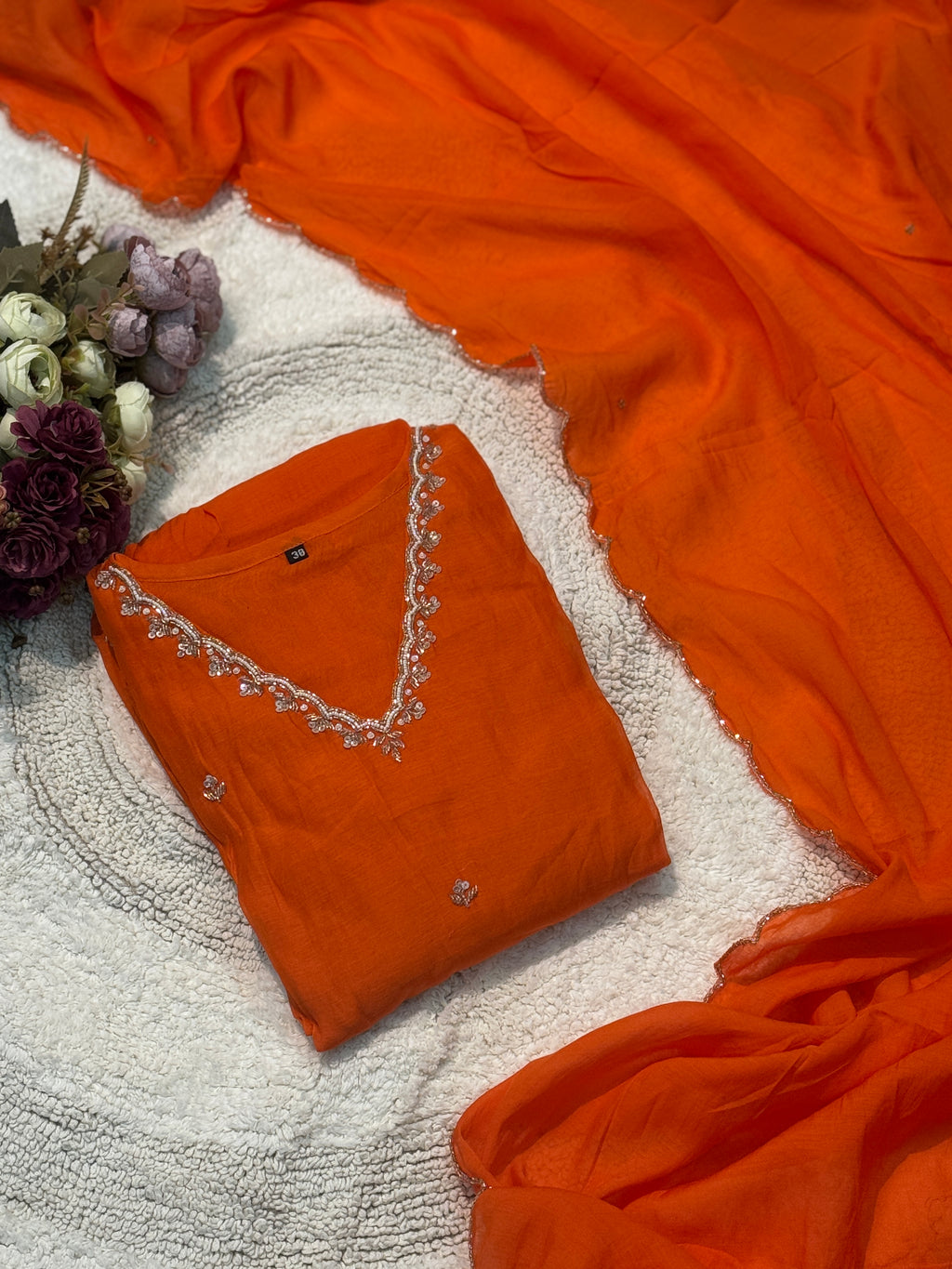 Premium Mul Chandheri handwork aline kurta with pant and dupatta