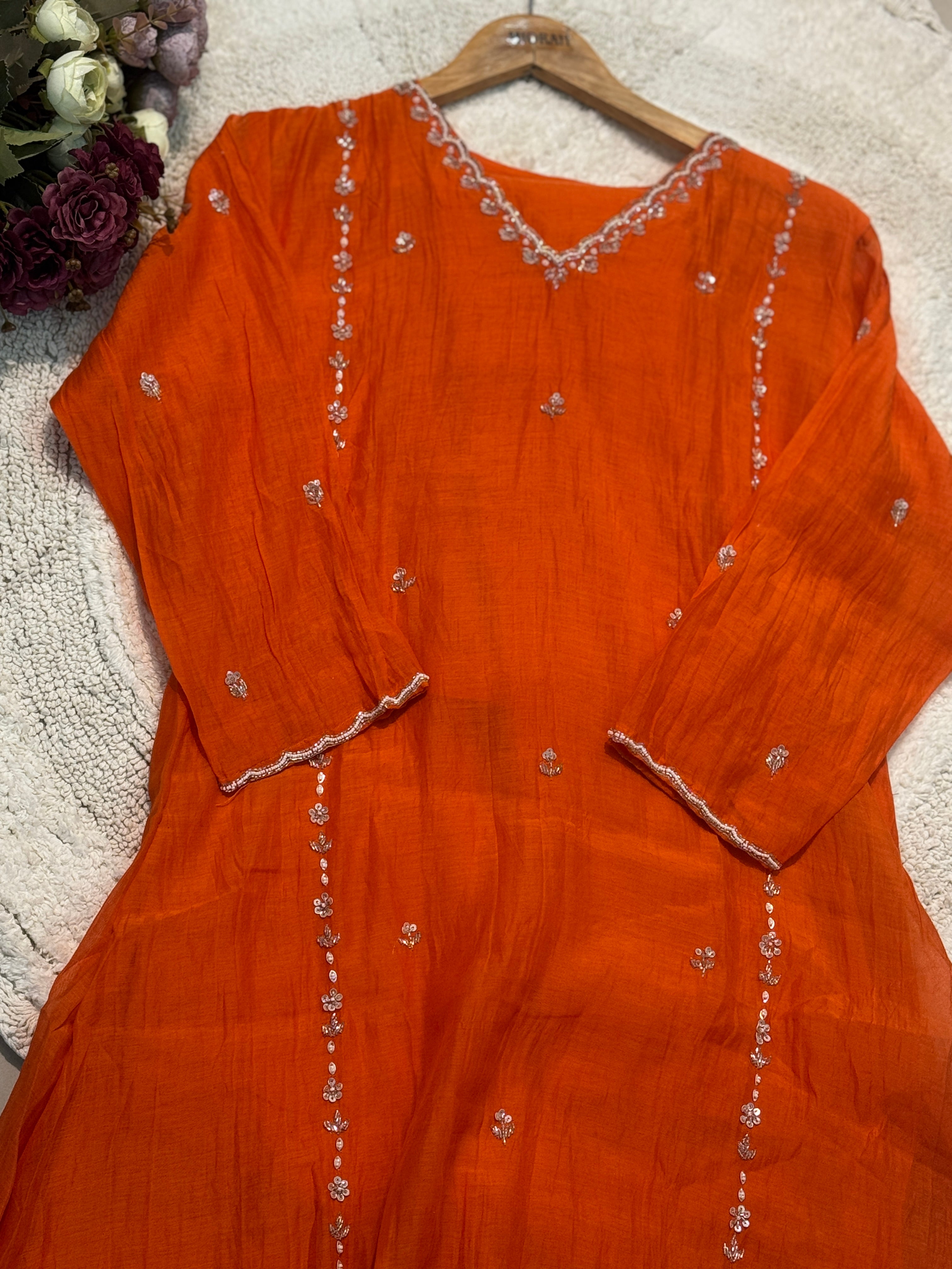 Premium Mul Chandheri handwork aline kurta with pant and dupatta