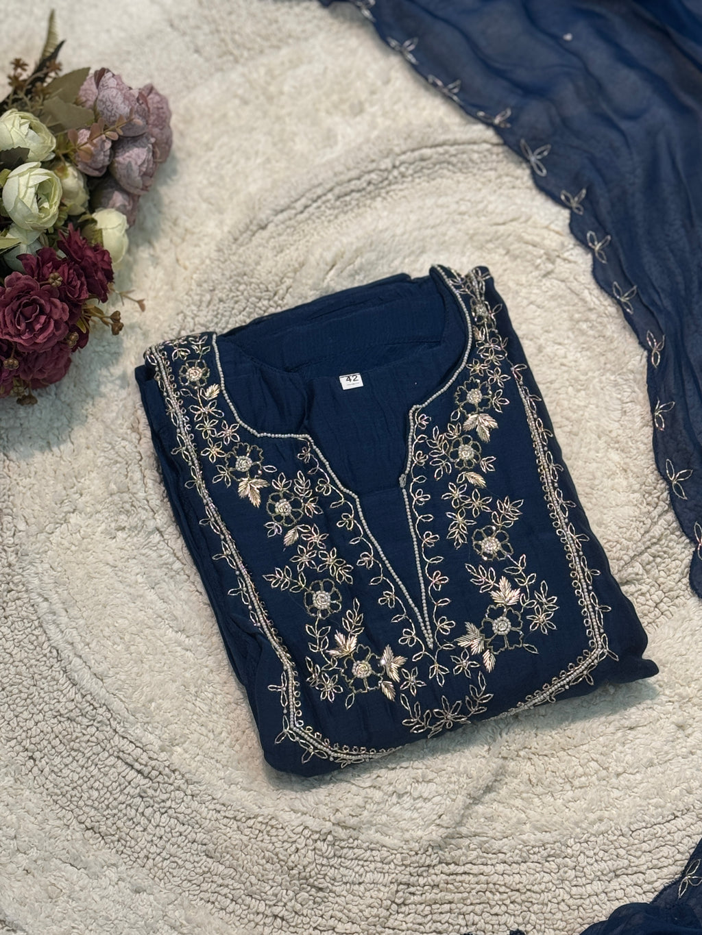 Russian silk handwork plazo suit with dupatta