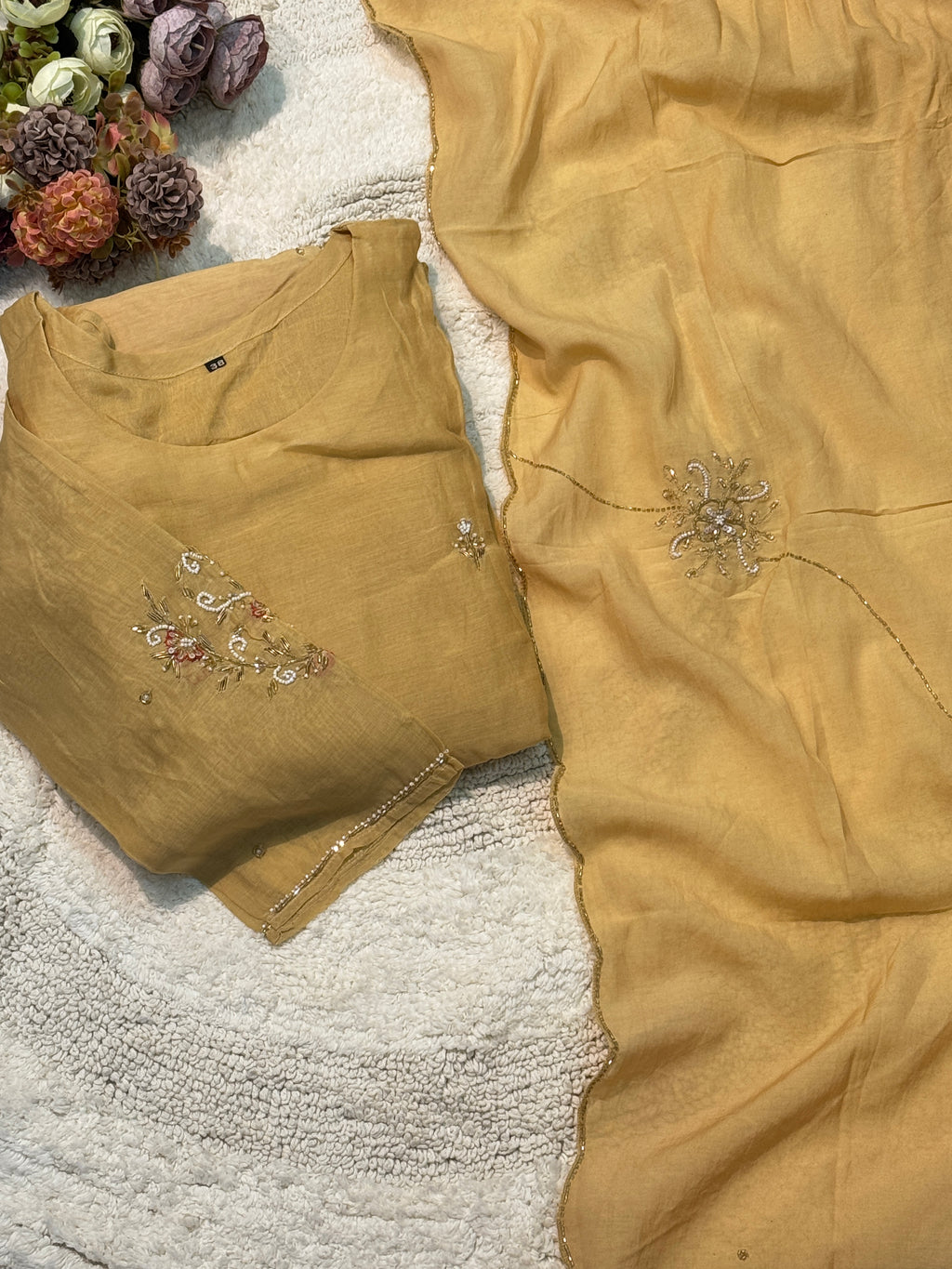 premium mul chanderi aline handworked kurta with pant and dupatta
