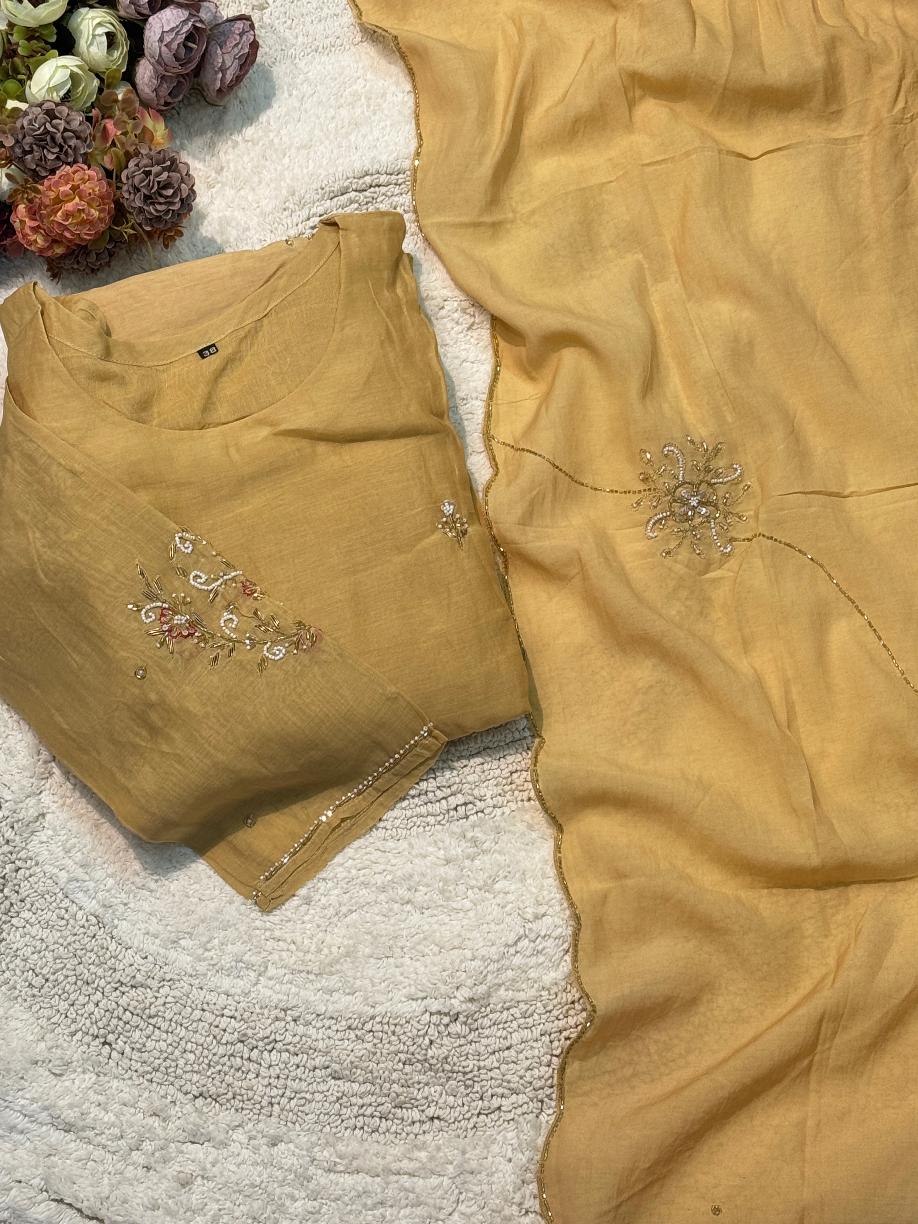 premium mul chanderi aline handworked kurta with pant and dupatta