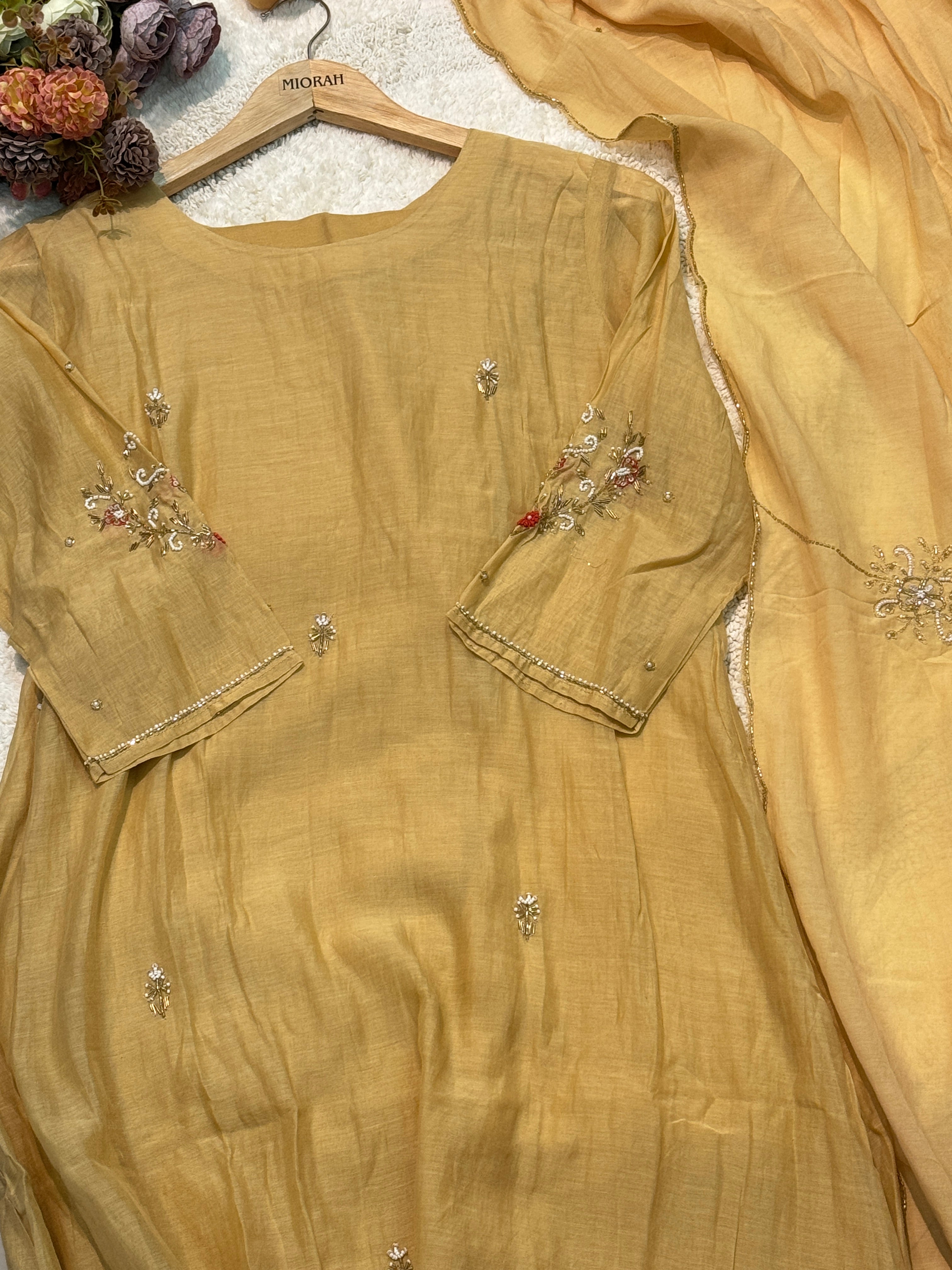 premium mul chanderi aline handworked kurta with pant and dupatta