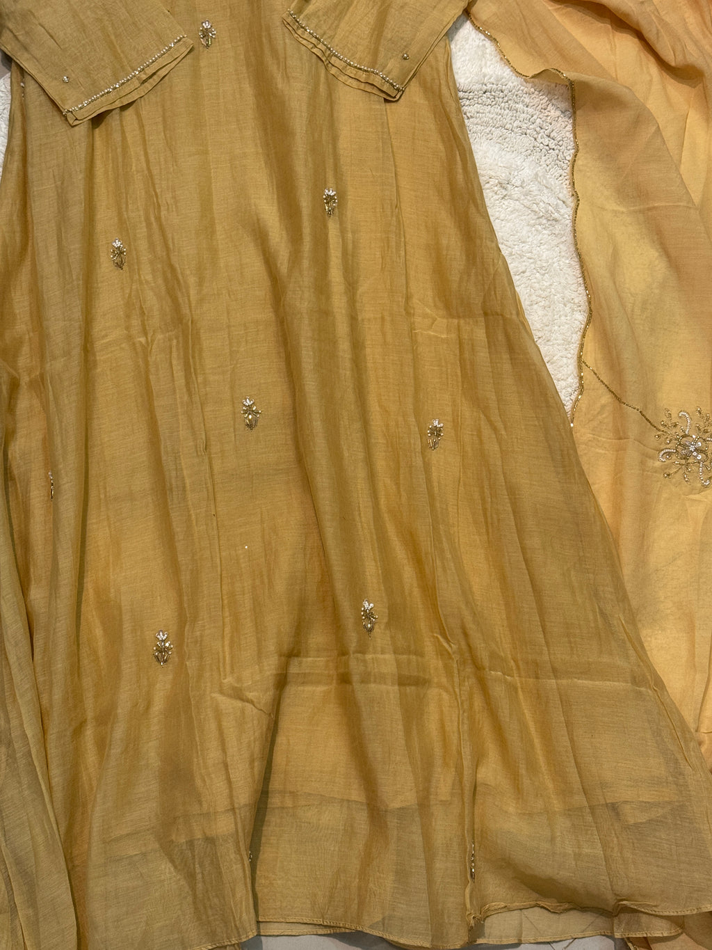 premium mul chanderi aline handworked kurta with pant and dupatta