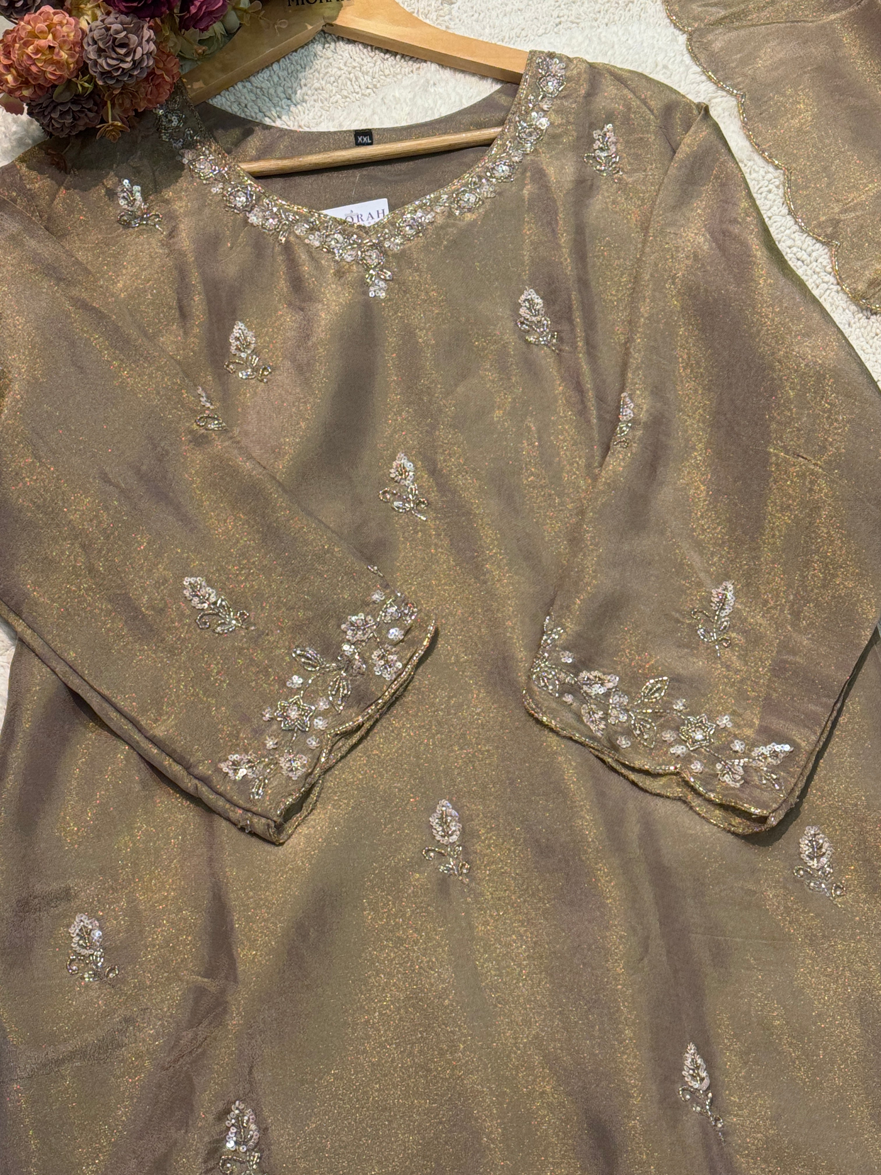 Premium tissue heavy handworked kurta with palazzo pant and dupatta