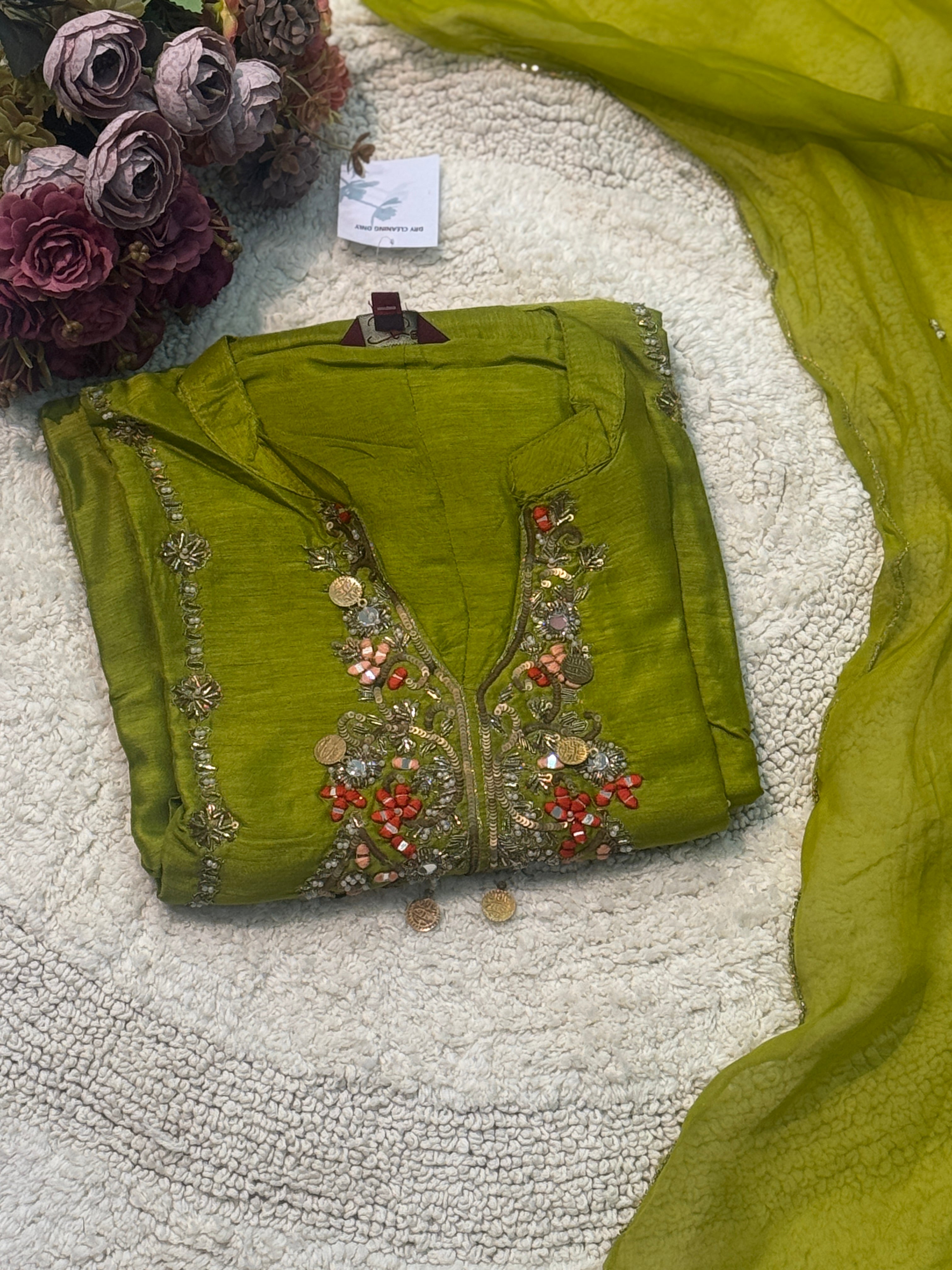 premium dola silk aline handworked kurta with dhoti pant and dupatta