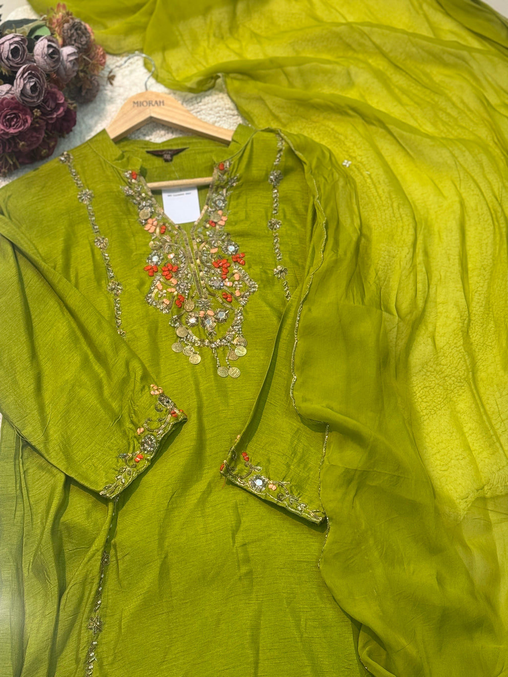 premium dola silk aline handworked kurta with dhoti pant and dupatta