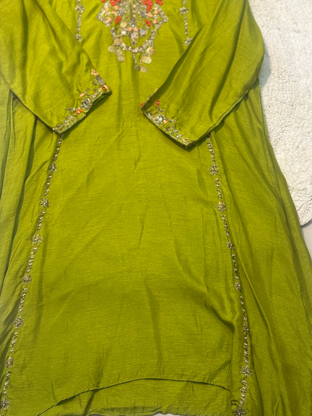 premium dola silk aline handworked kurta with dhoti pant and dupatta