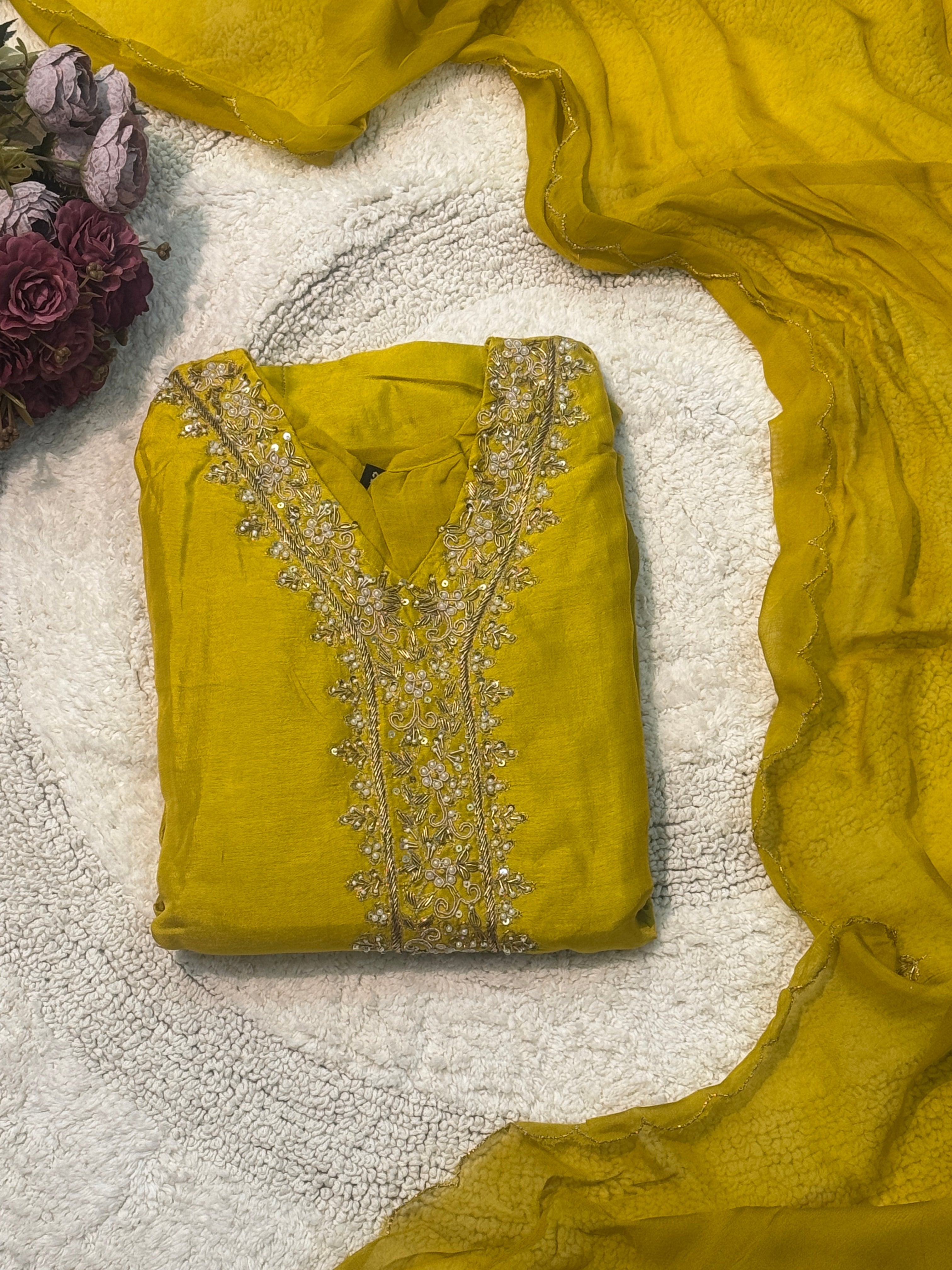 Premium Russian silk handwork side cut Kurti with pant and dupatta