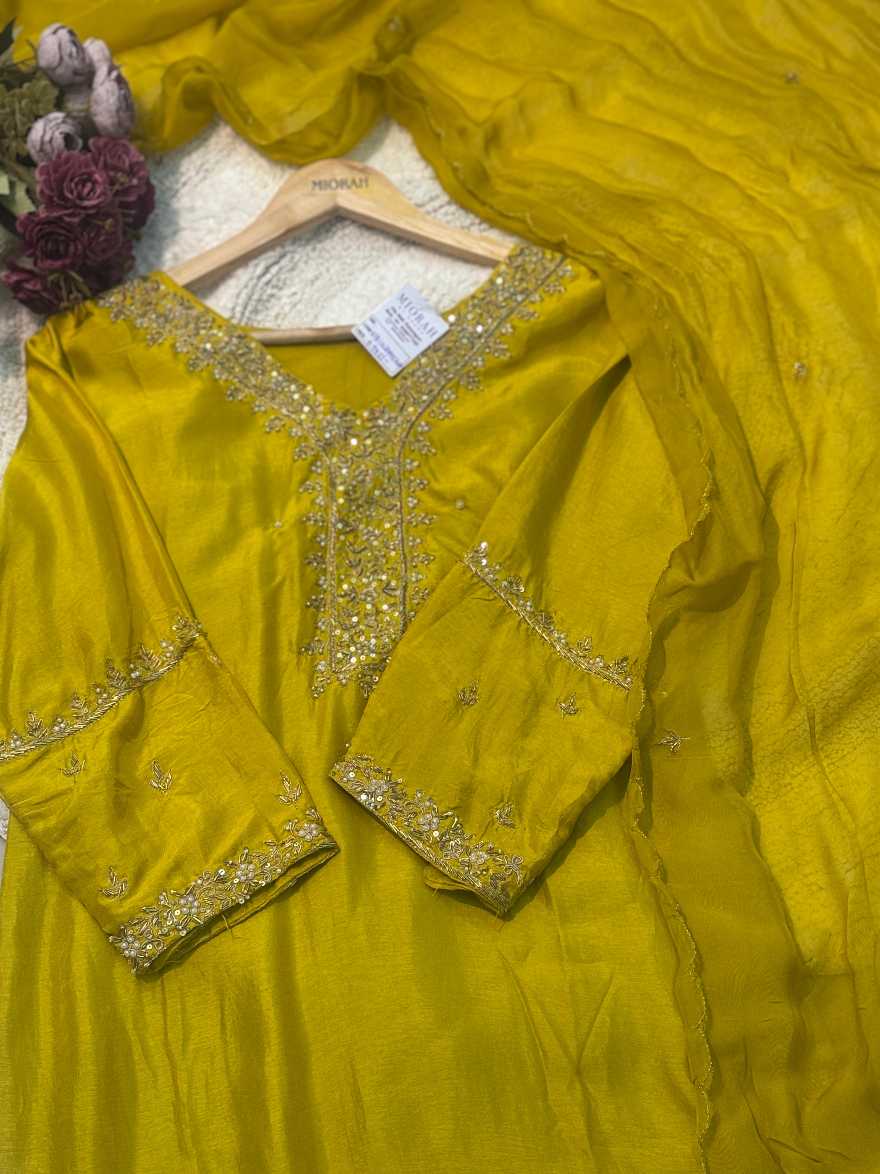 Premium Russian silk handwork side cut Kurti with pant and dupatta
