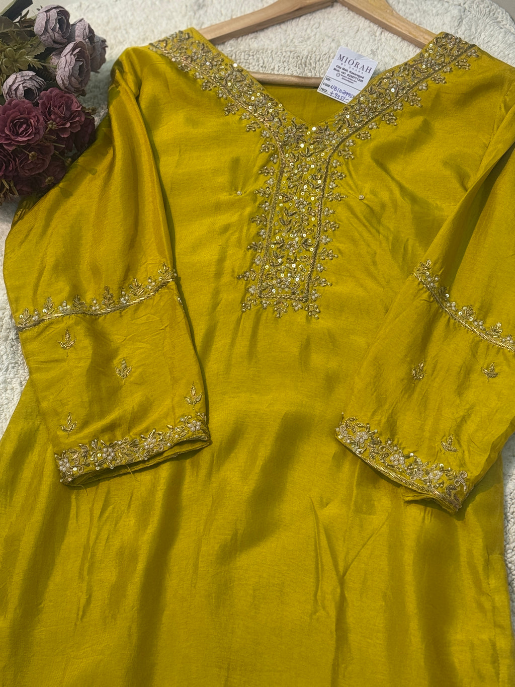 Premium Russian silk handwork side cut Kurti with pant and dupatta