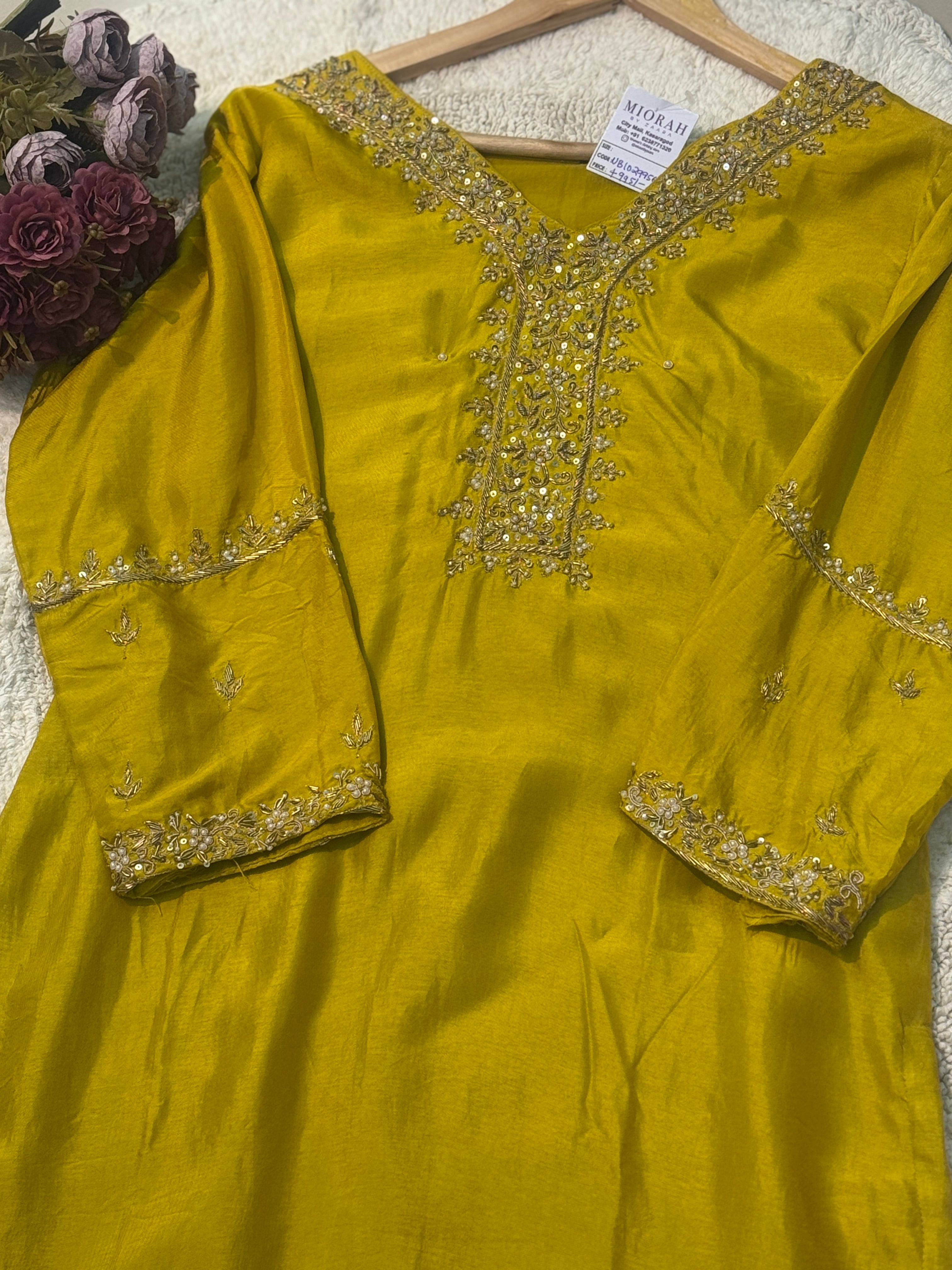 Premium Russian silk handwork side cut Kurti with pant and dupatta