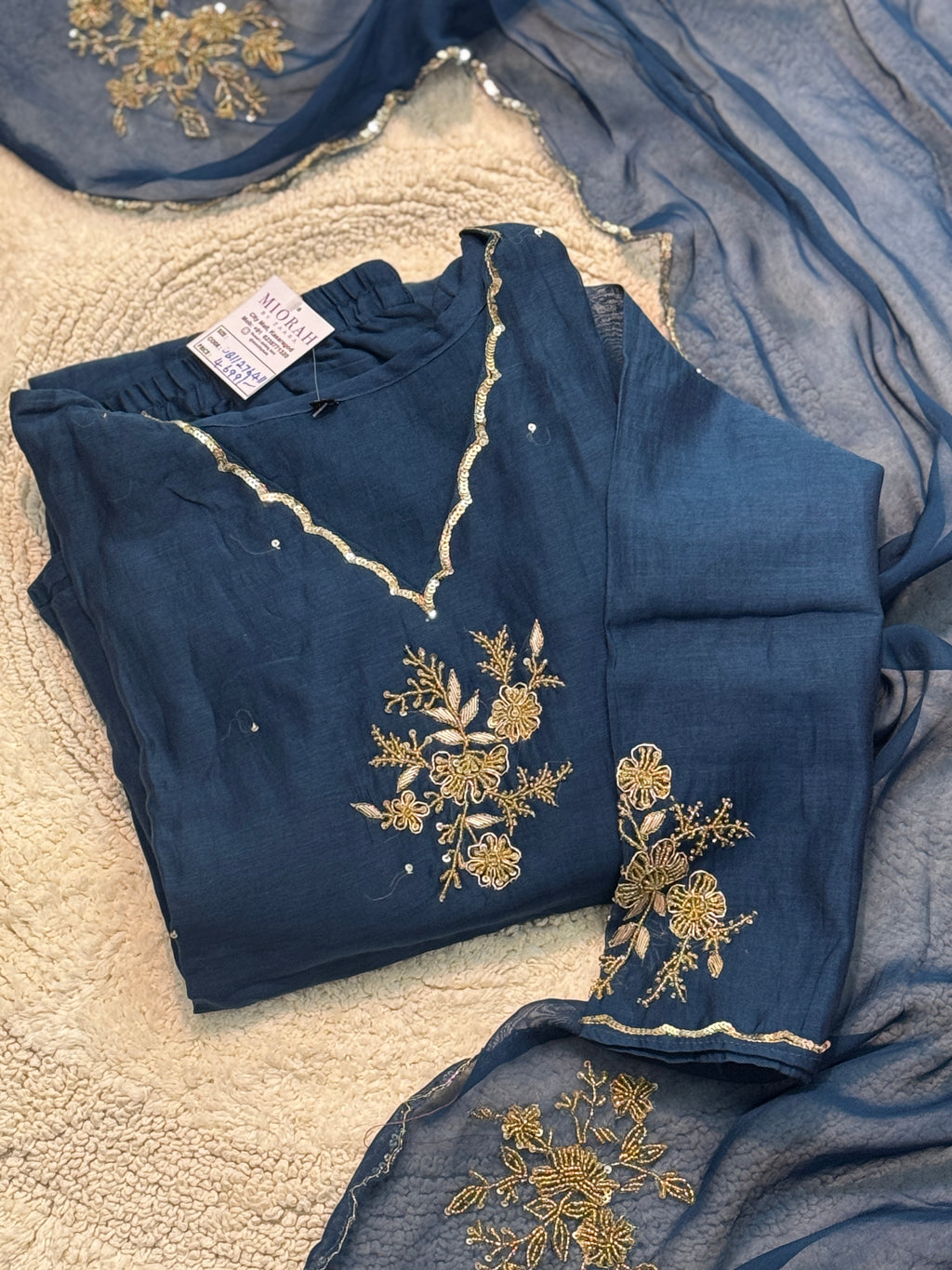 Premium mul chanderi handwork aline kurta with pant and duppatta