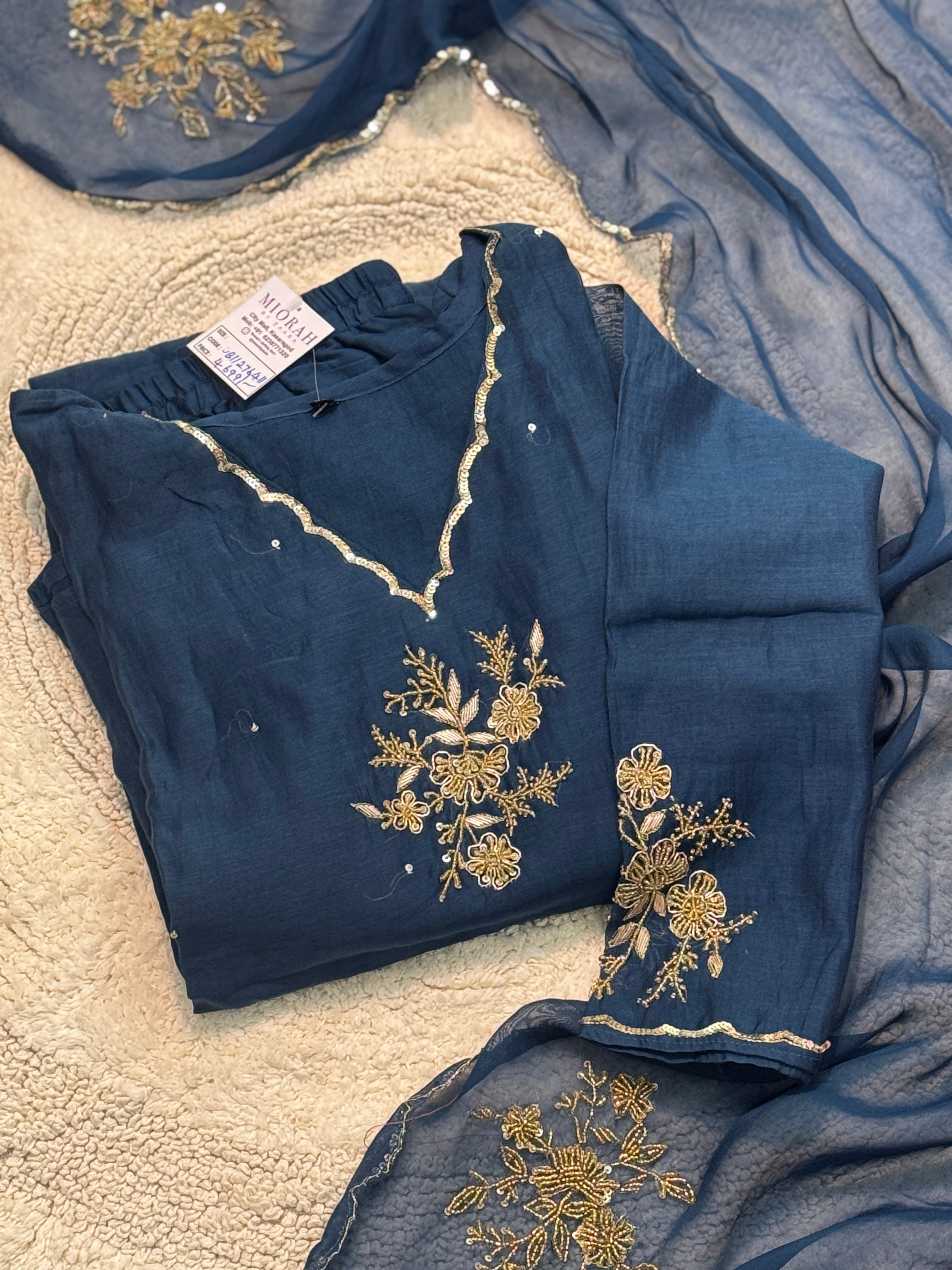 Premium mul chanderi handwork aline kurta with pant and duppatta