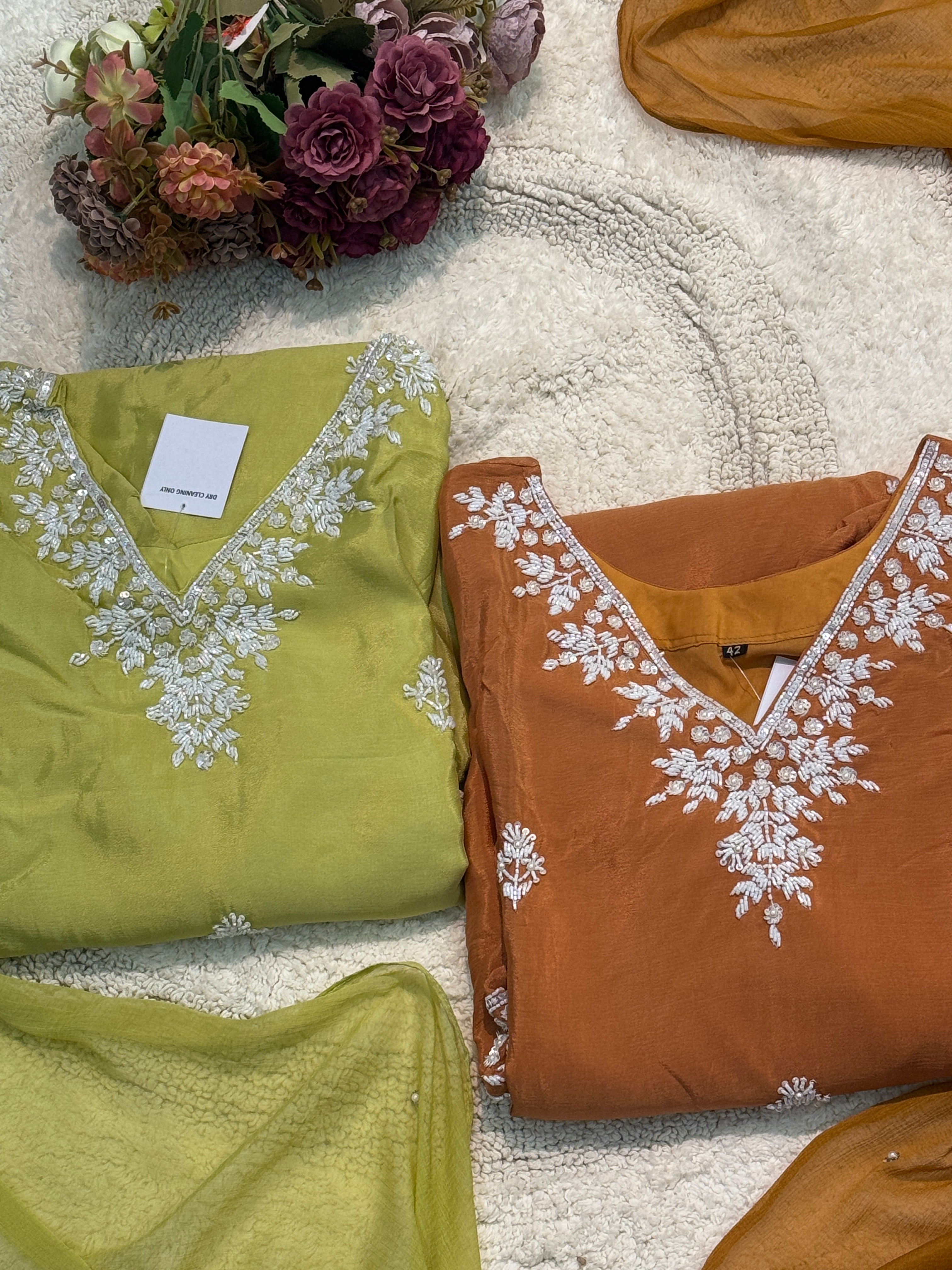 Premium Chinon heavy hand work side cut kurta with palazzo pants and dupatta