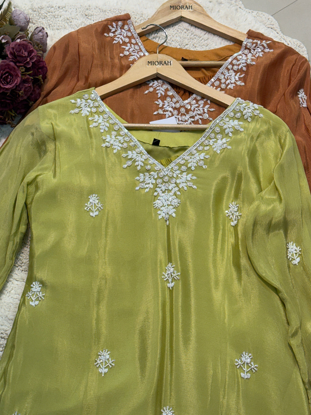 Premium Chinon heavy hand work side cut kurta with palazzo pants and dupatta