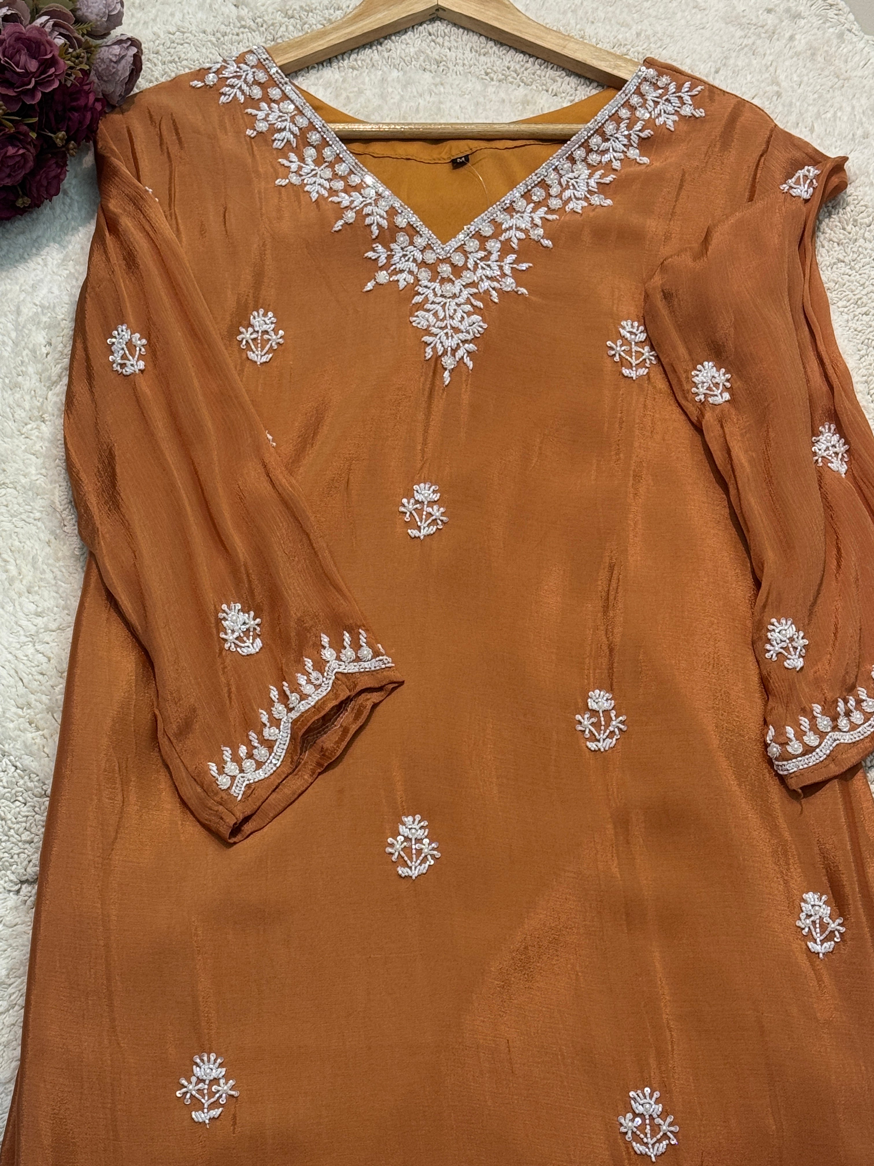 Premium Chinon heavy hand work side cut kurta with palazzo pants and dupatta