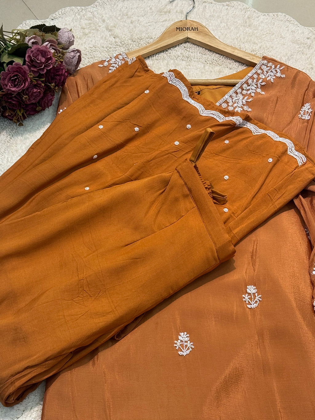 Premium Chinon heavy hand work side cut kurta with palazzo pants and dupatta