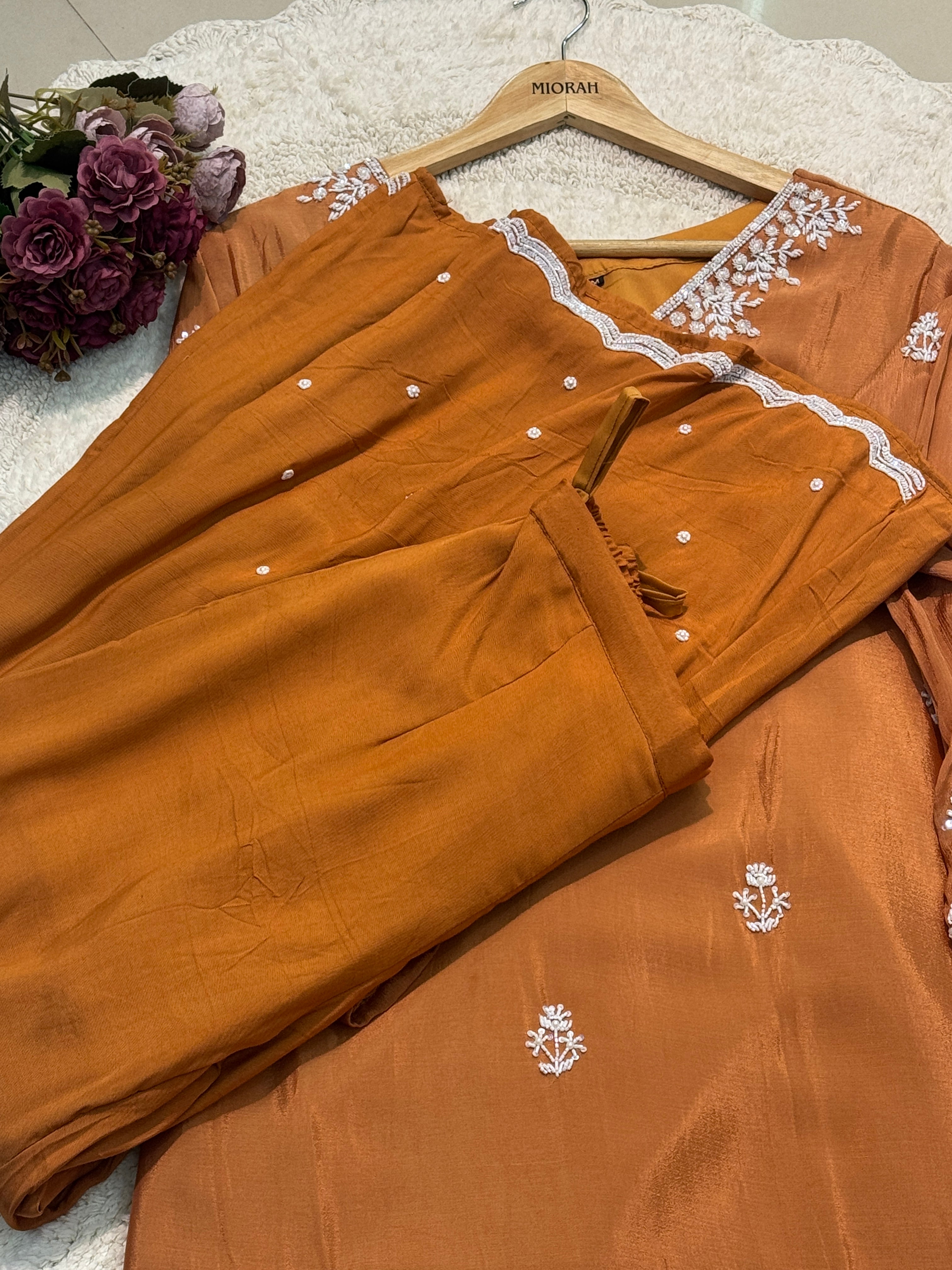 Premium Chinon heavy hand work side cut kurta with palazzo pants and dupatta