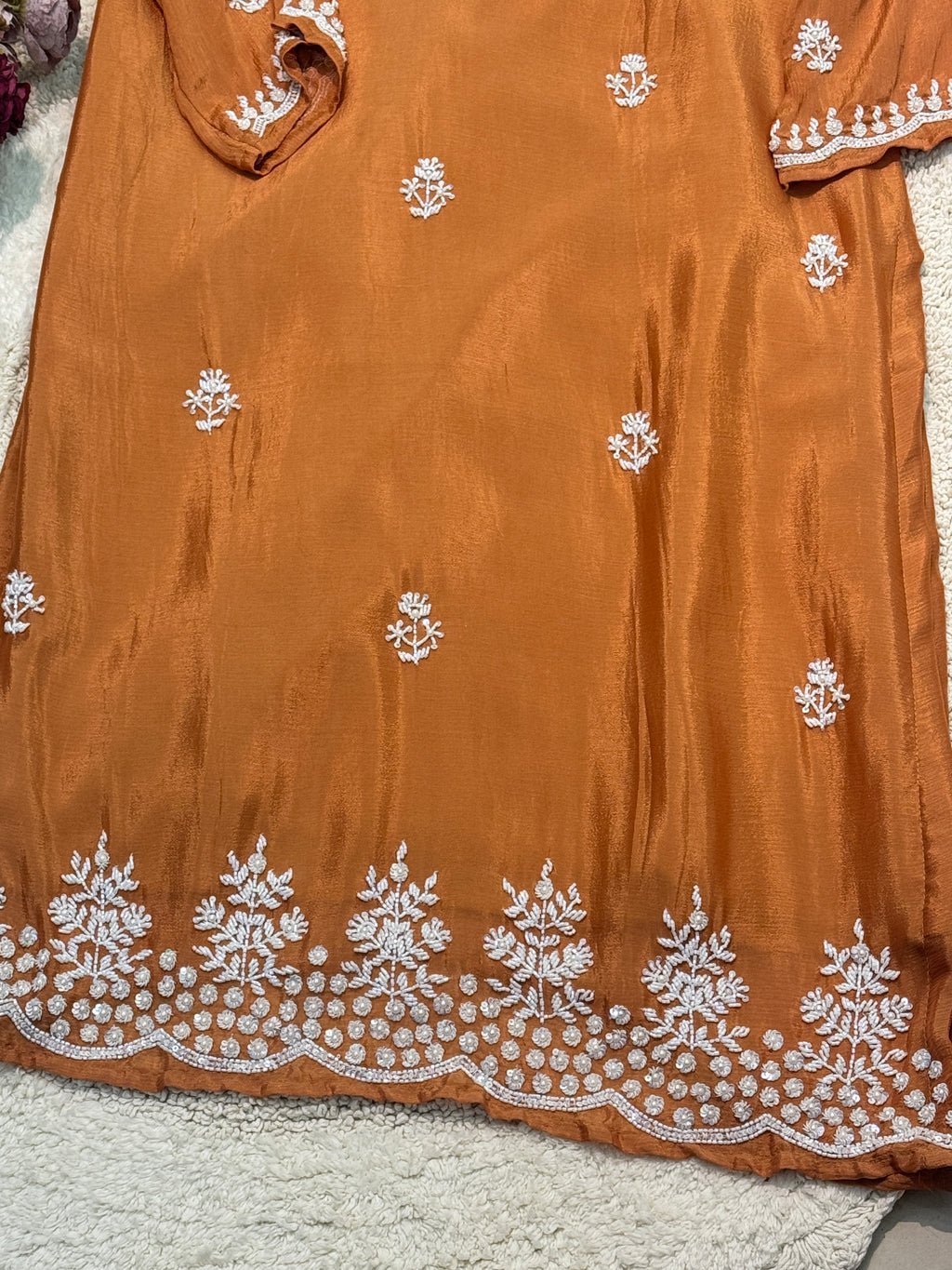 Premium Chinon heavy hand work side cut kurta with palazzo pants and dupatta