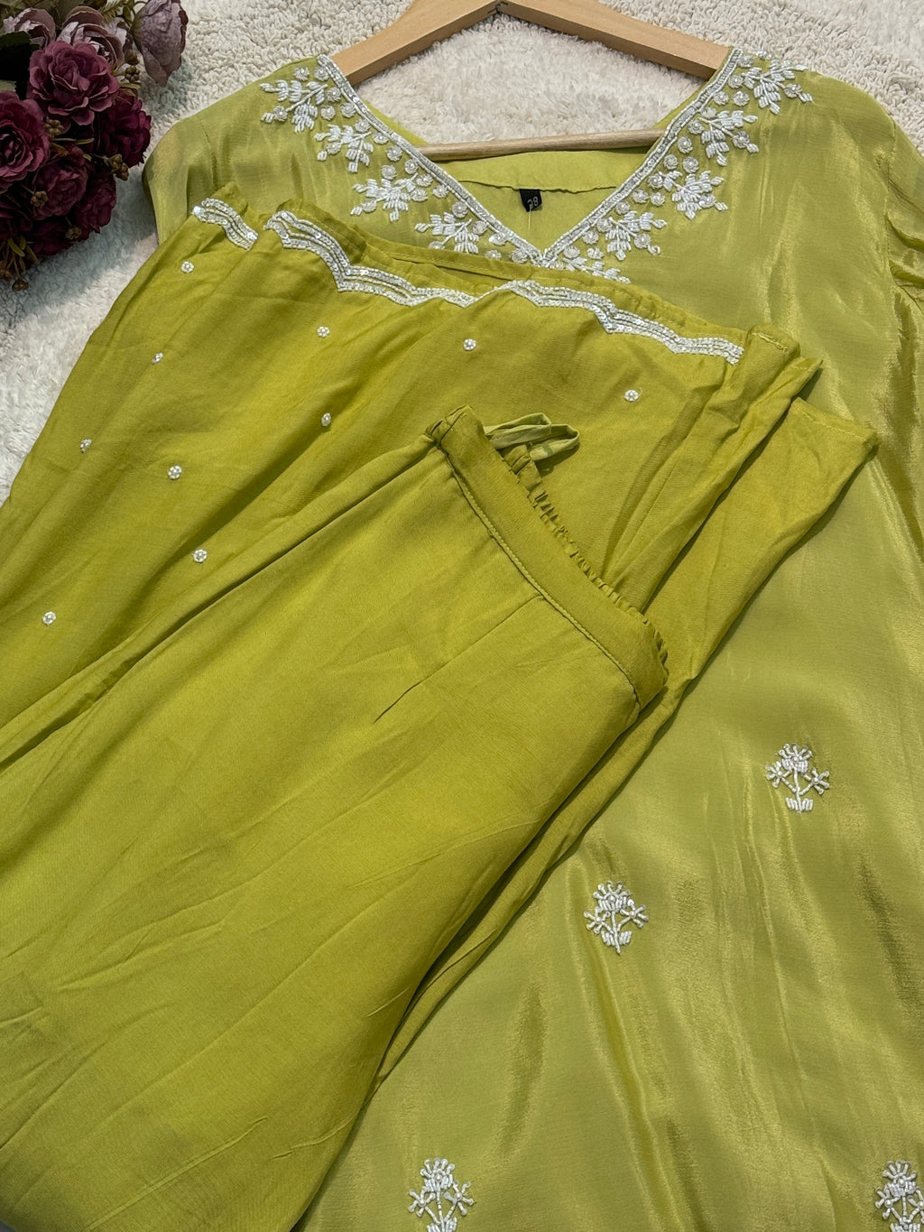 Premium Chinon heavy hand work side cut kurta with palazzo pants and dupatta