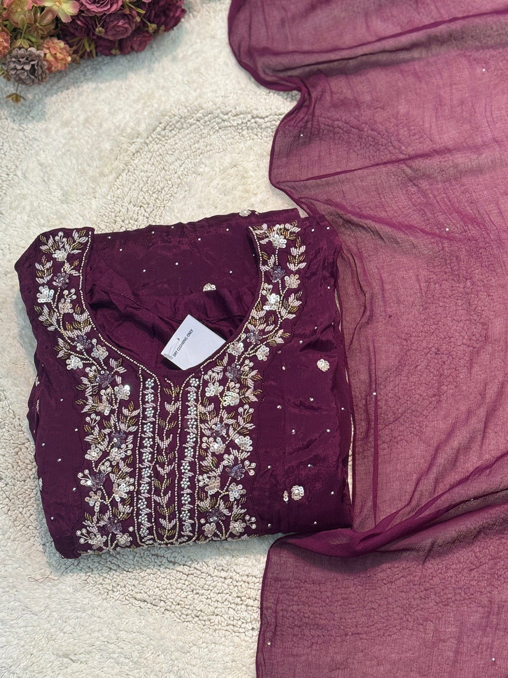 Premium chinon handwork aline kurti with pant and dupatta