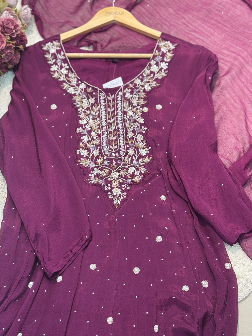 Premium chinon handwork aline kurti with pant and dupatta