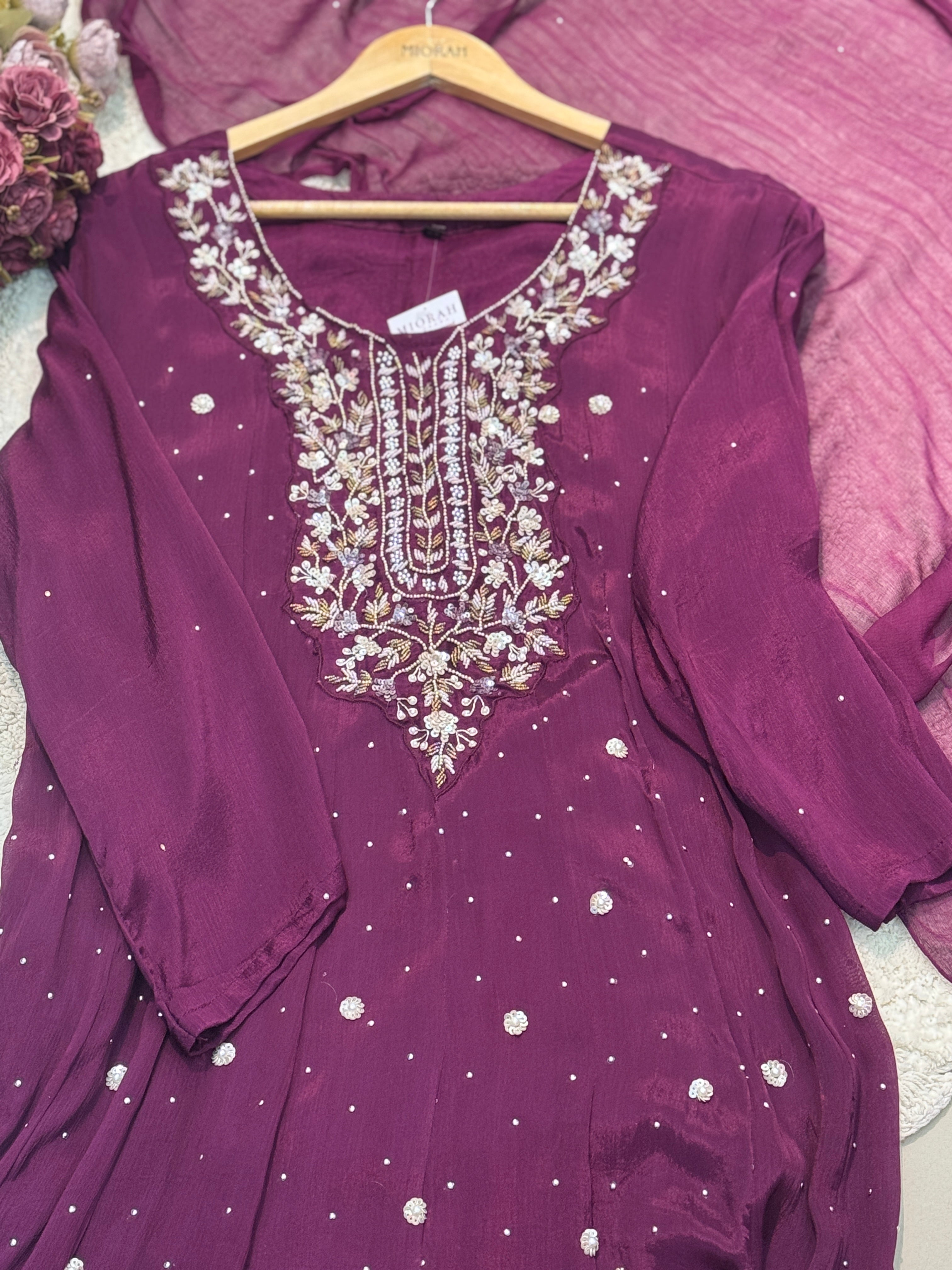 Premium chinon handwork aline kurti with pant and dupatta
