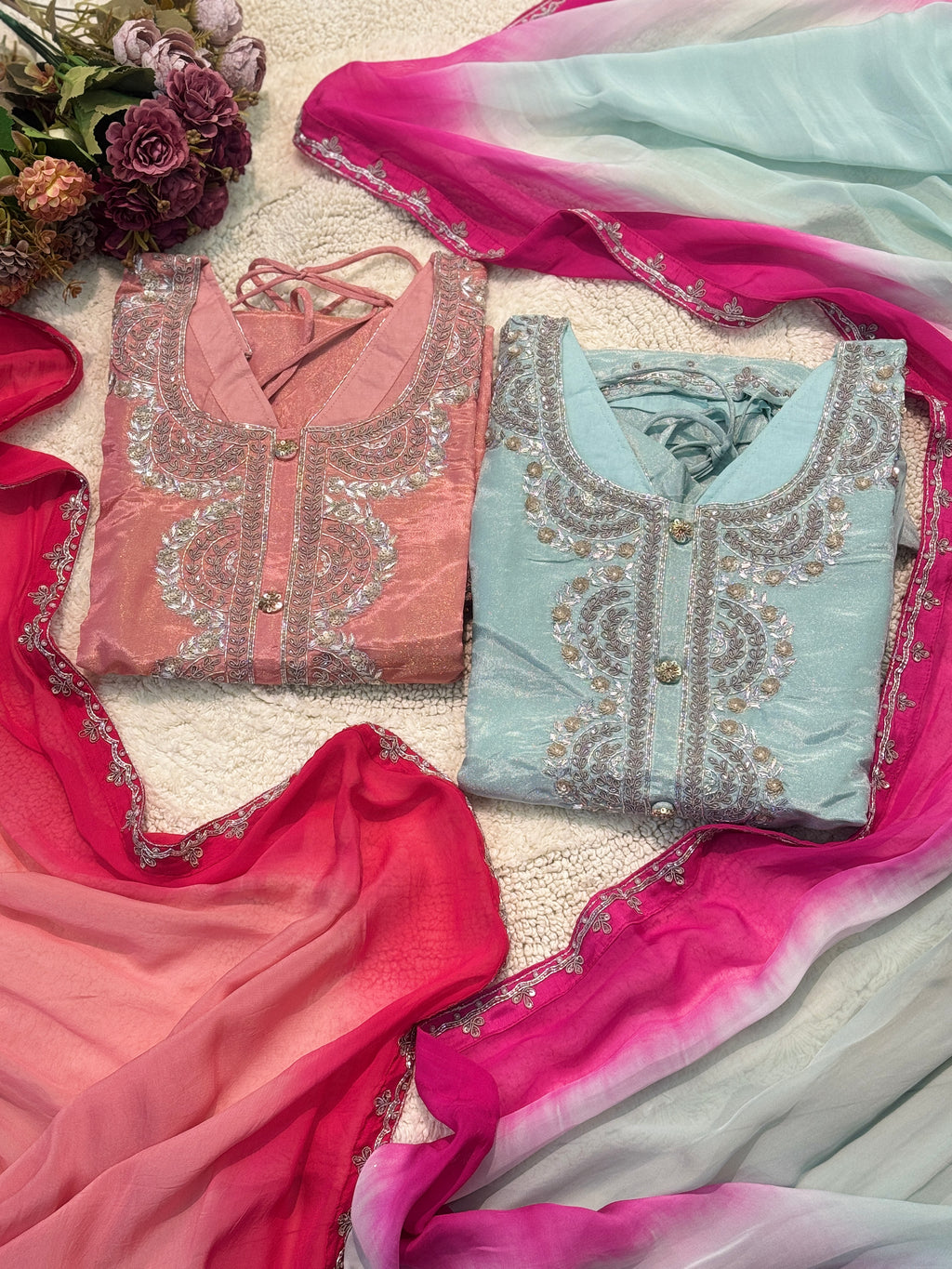 Premium Tissue heavy handwork kurta with sharara pant and dupatta
