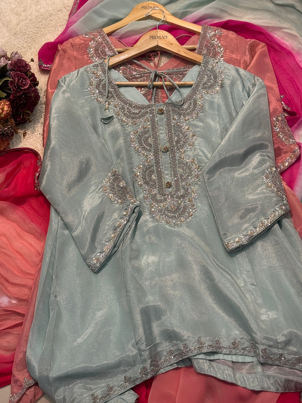 Premium Tissue heavy handwork kurta with sharara pant and dupatta