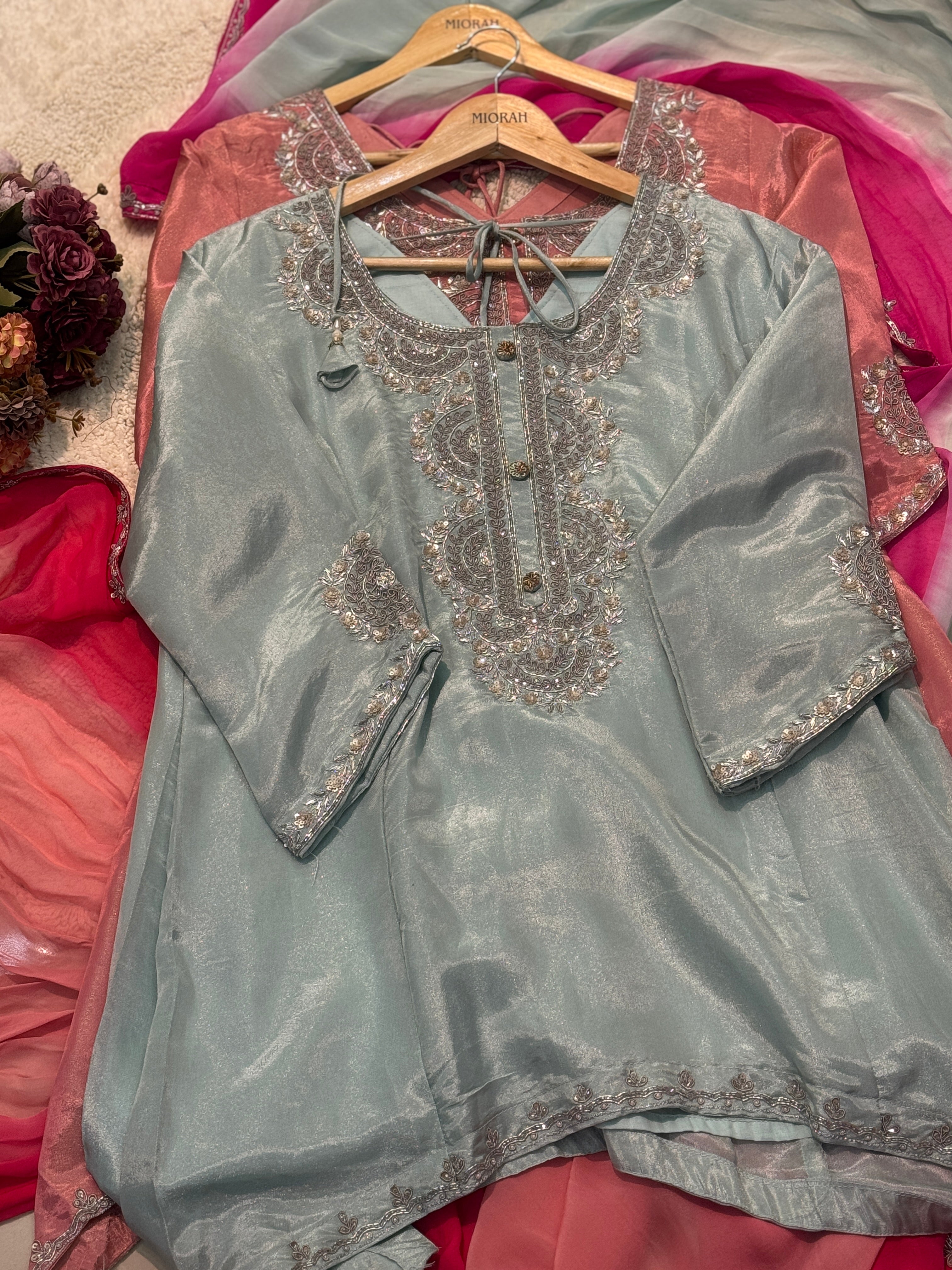 Premium Tissue heavy handwork kurta with sharara pant and dupatta