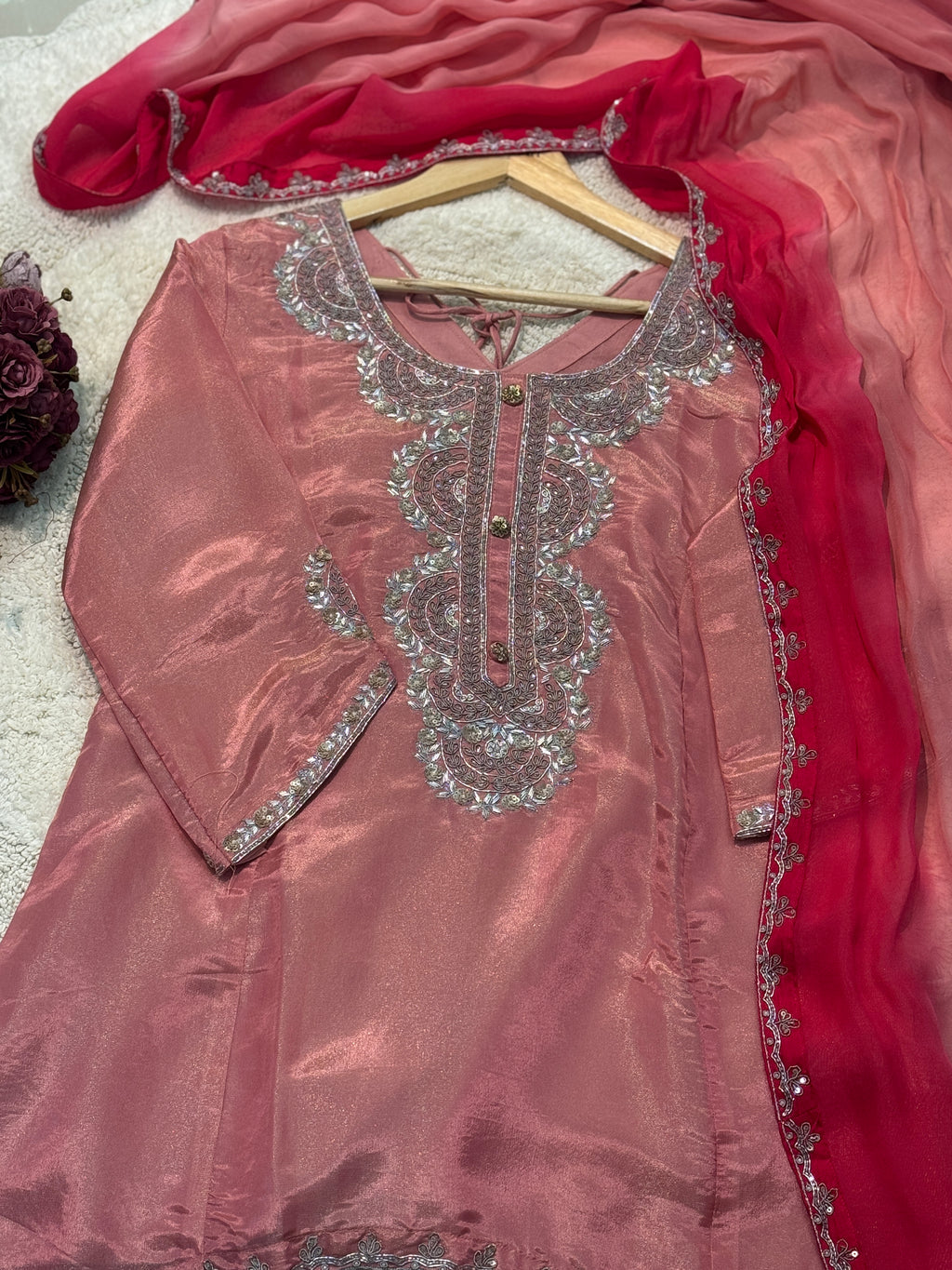 Premium Tissue heavy handwork kurta with sharara pant and dupatta