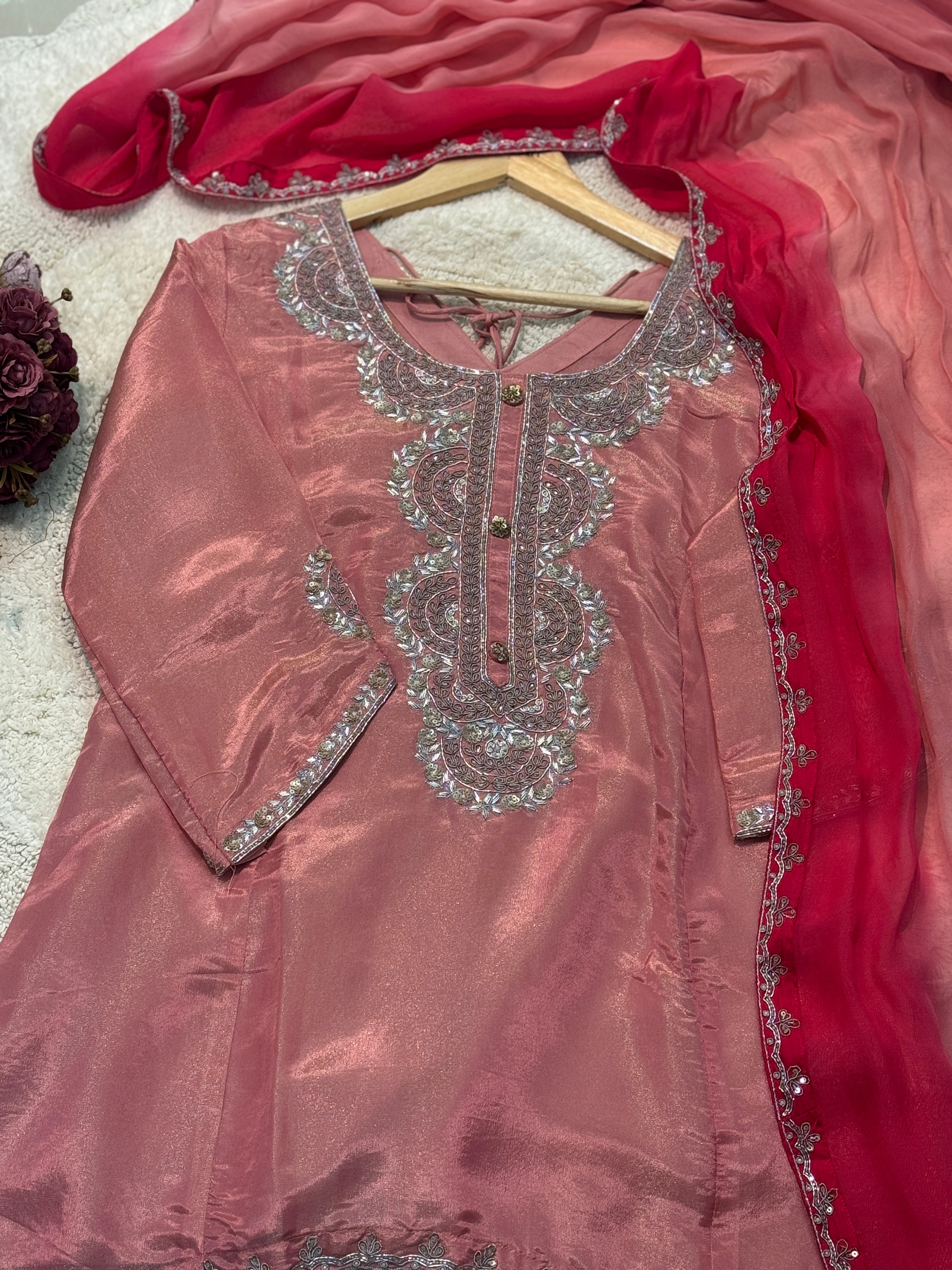 Premium Tissue heavy handwork kurta with sharara pant and dupatta
