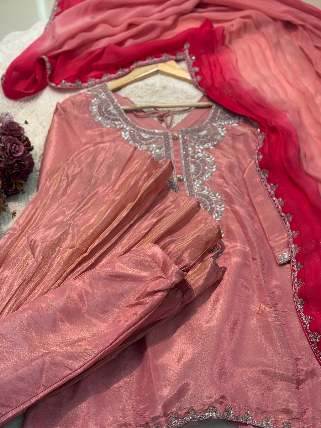 Premium Tissue heavy handwork kurta with sharara pant and dupatta