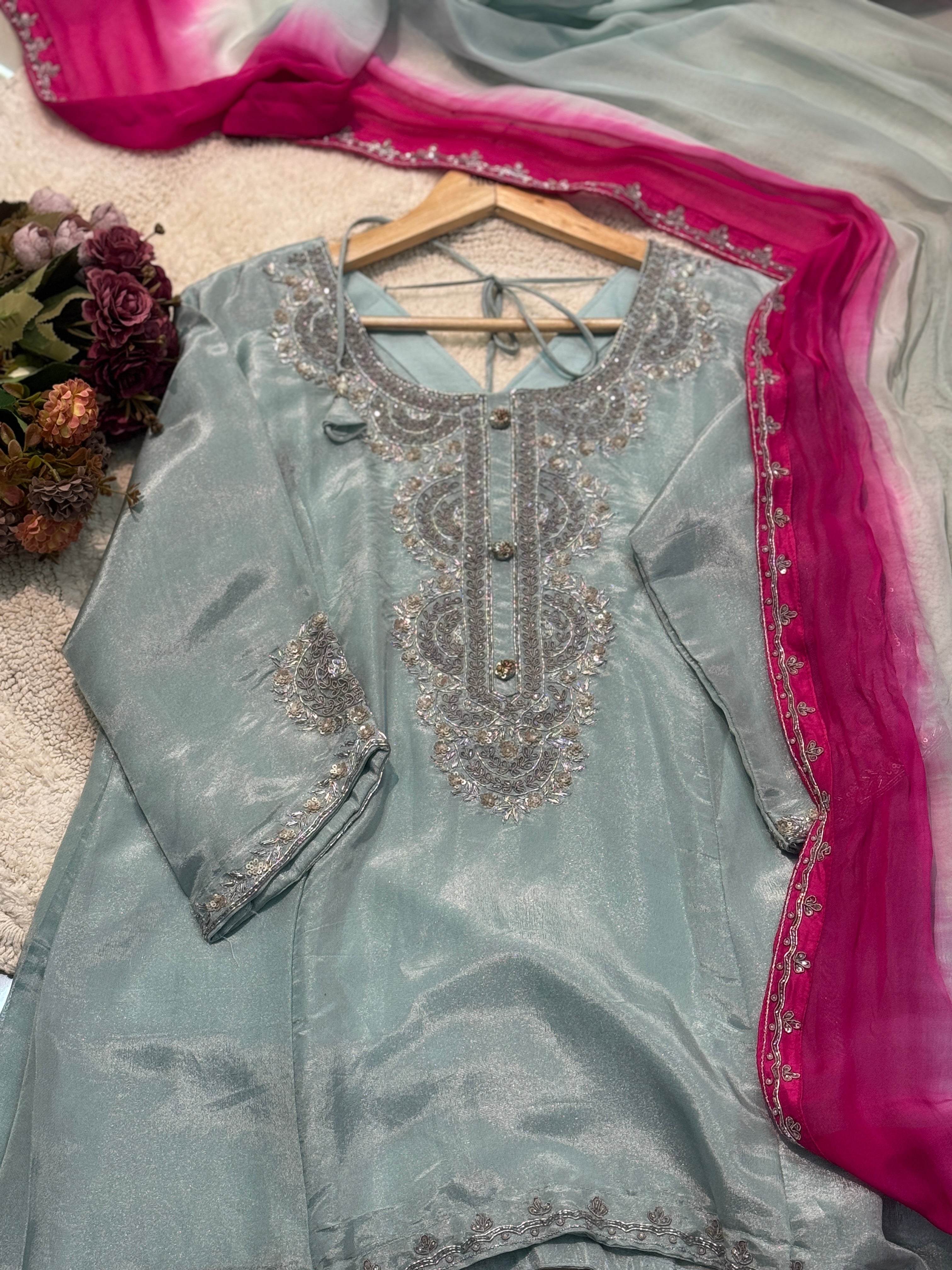 Premium Tissue heavy handwork kurta with sharara pant and dupatta
