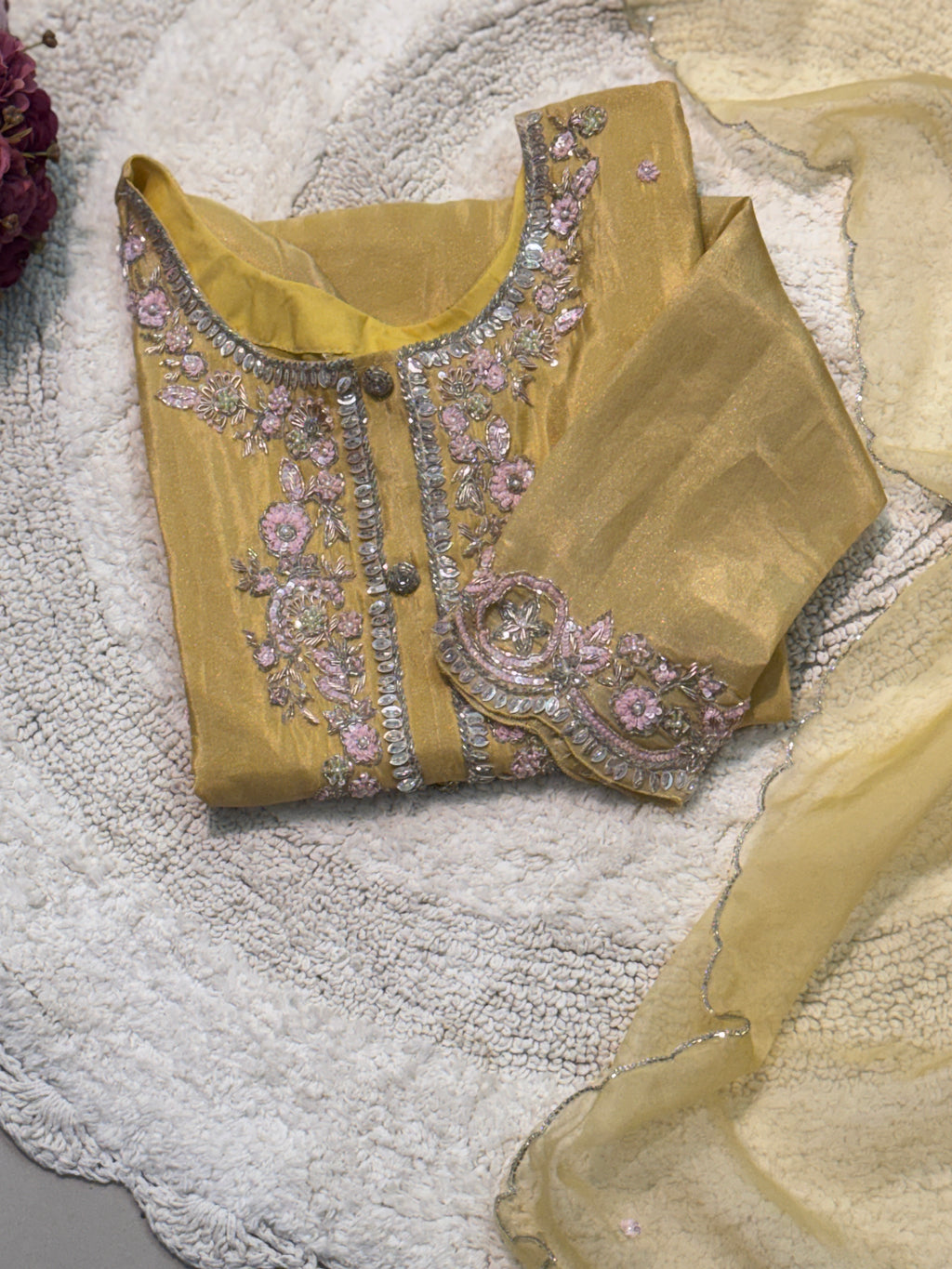 Premium Tissue heavy handworked side cut kurta with palazzo pant and dupatta