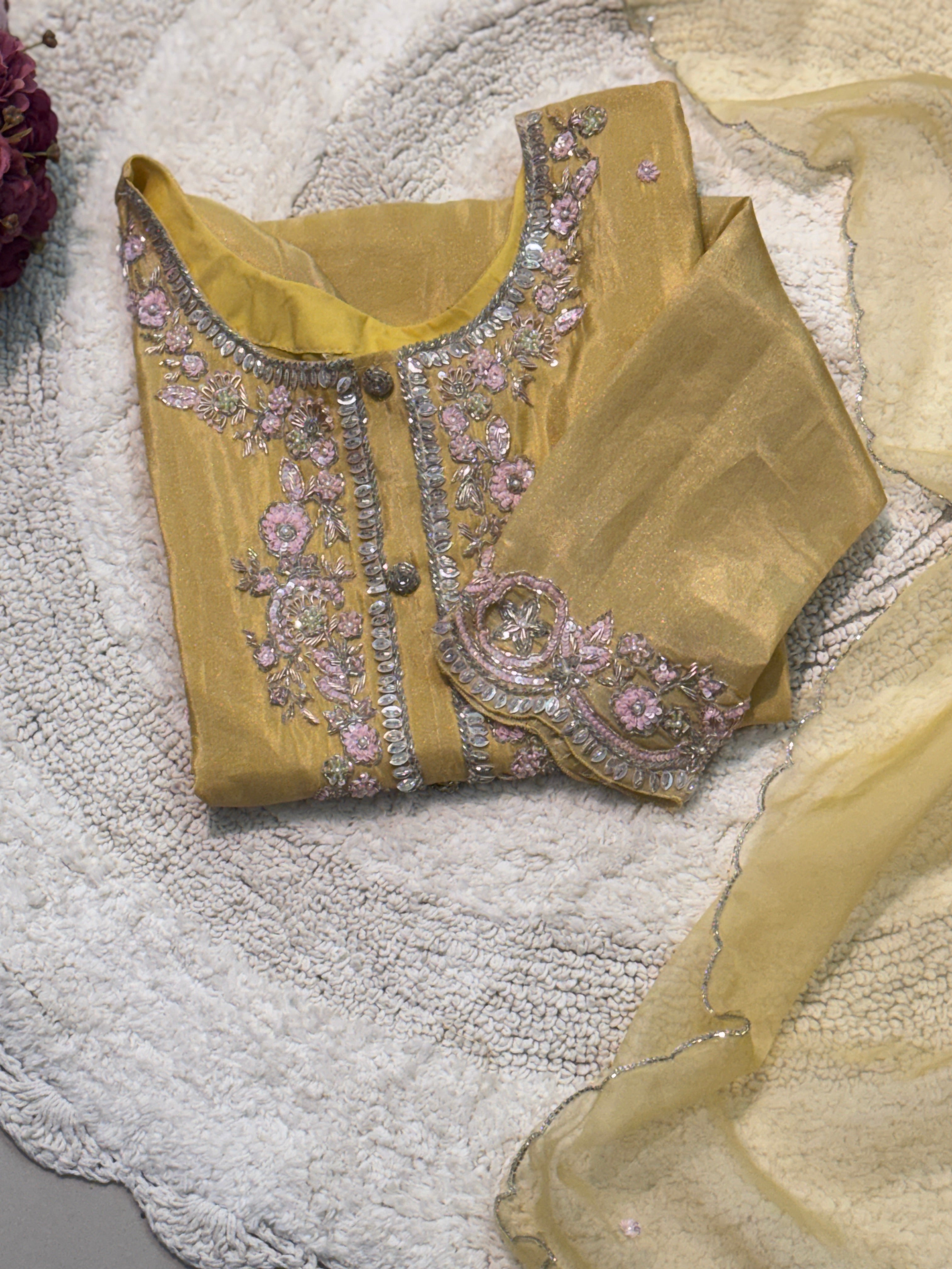 Premium Tissue heavy handworked side cut kurta with palazzo pant and dupatta