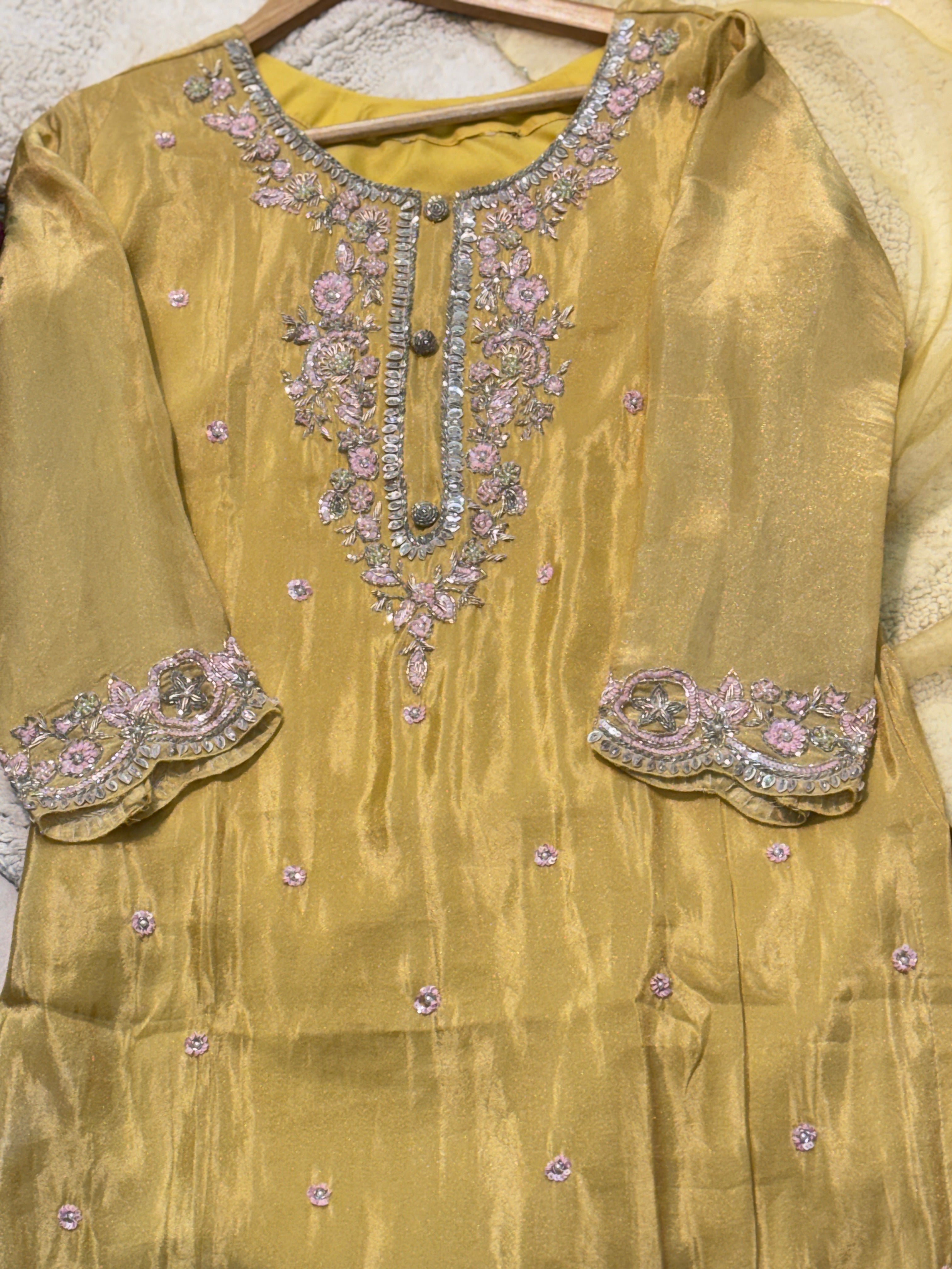 Premium Tissue heavy handworked side cut kurta with palazzo pant and dupatta