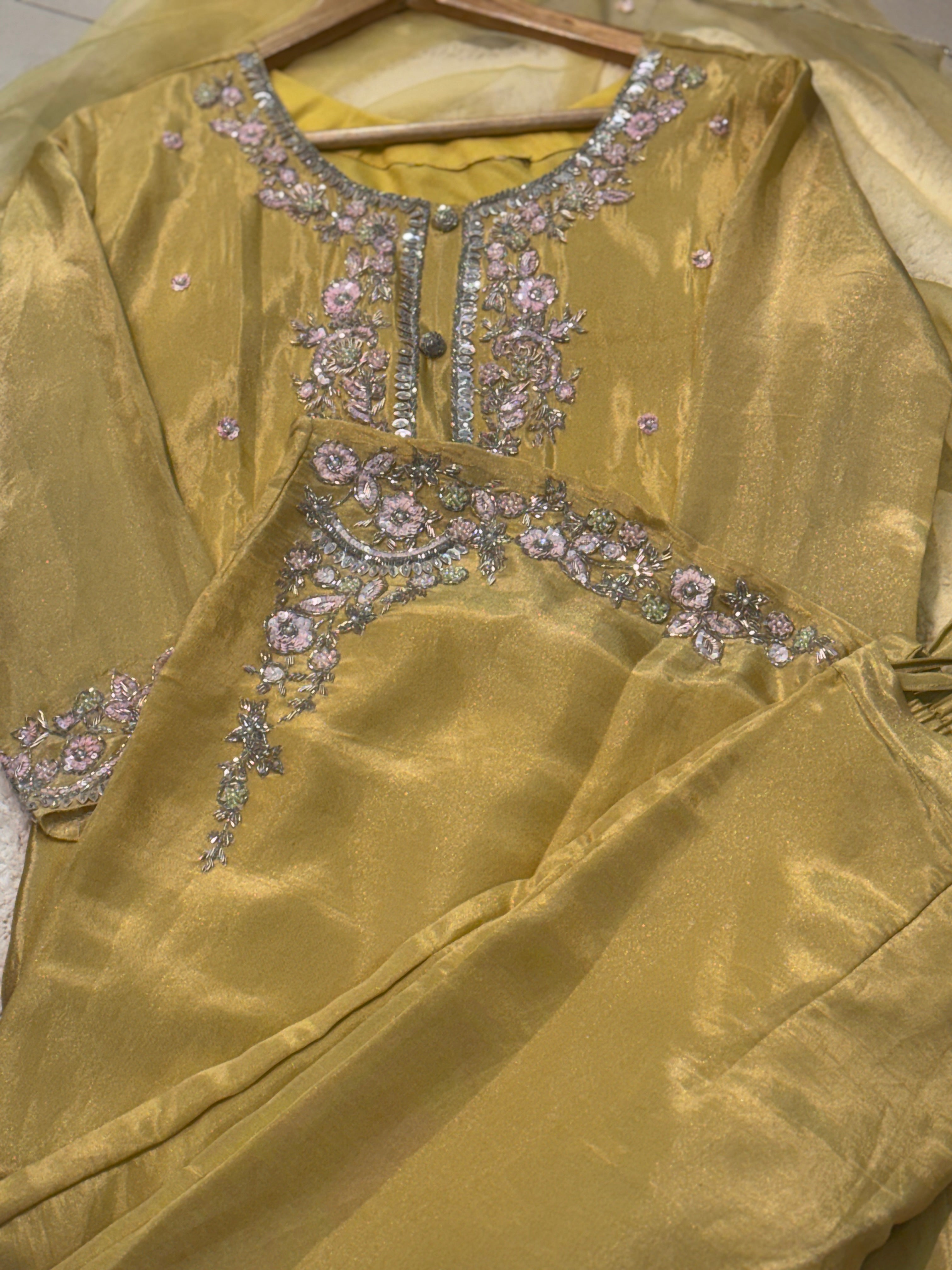Premium Tissue heavy handworked side cut kurta with palazzo pant and dupatta