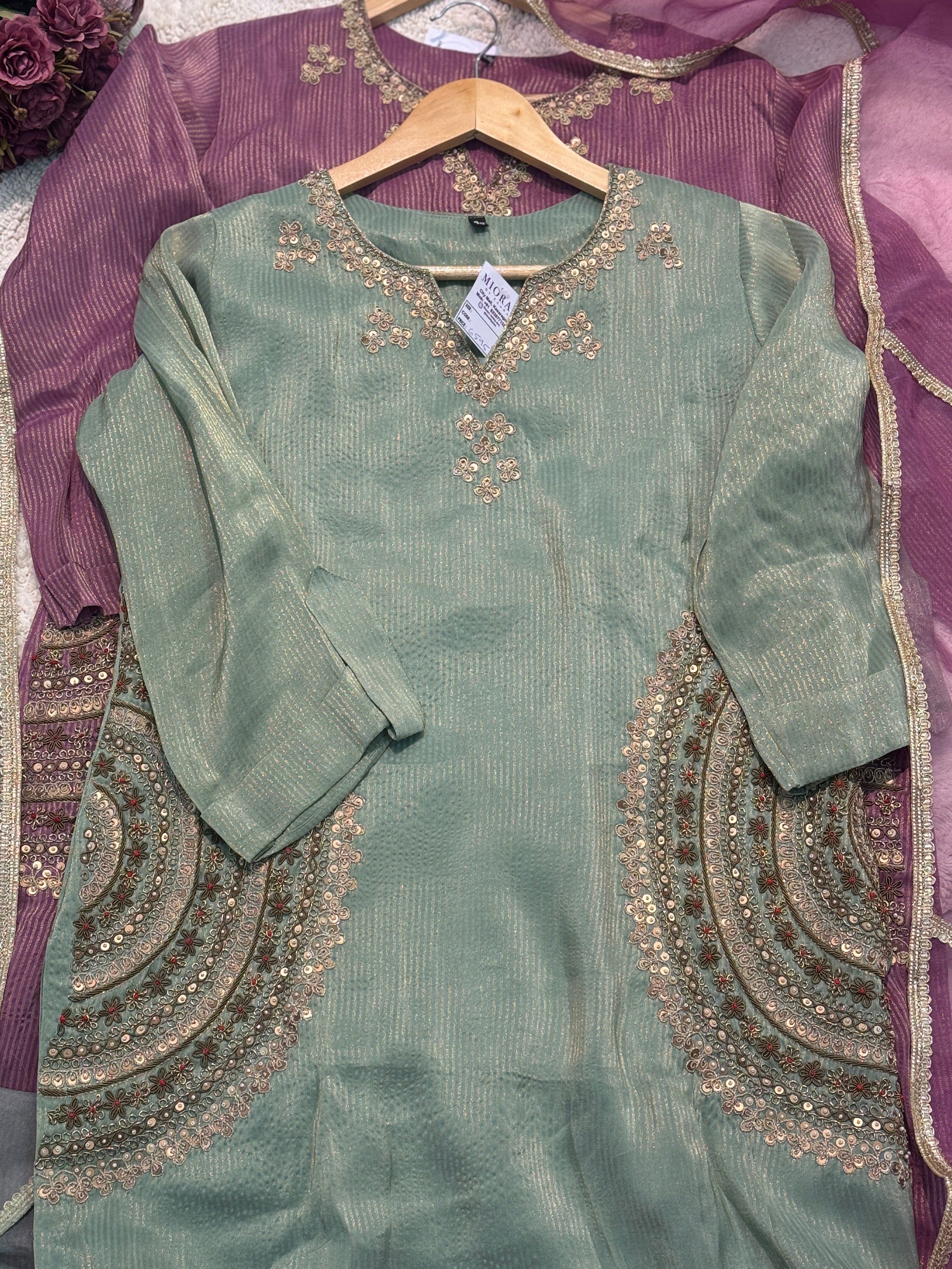 premium Inner tissue handworked side cut kurta with palazzo pant and dupatta