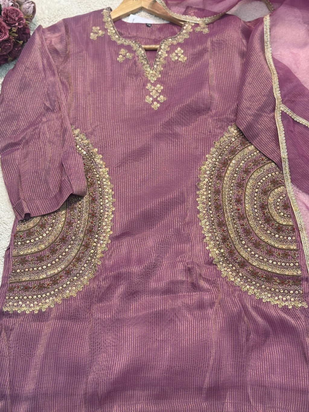 premium Inner tissue handworked side cut kurta with palazzo pant and dupatta