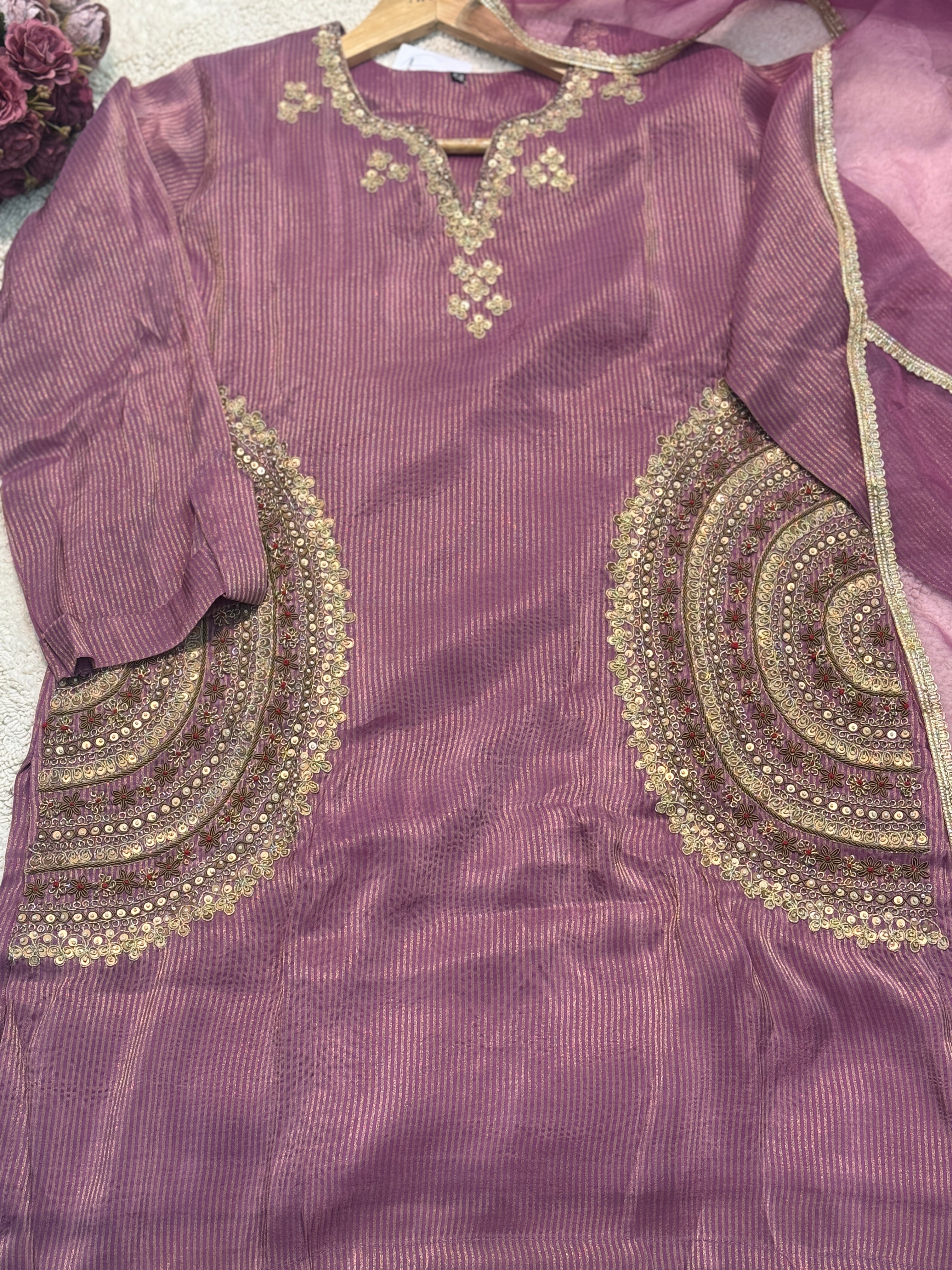 premium Inner tissue handworked side cut kurta with palazzo pant and dupatta