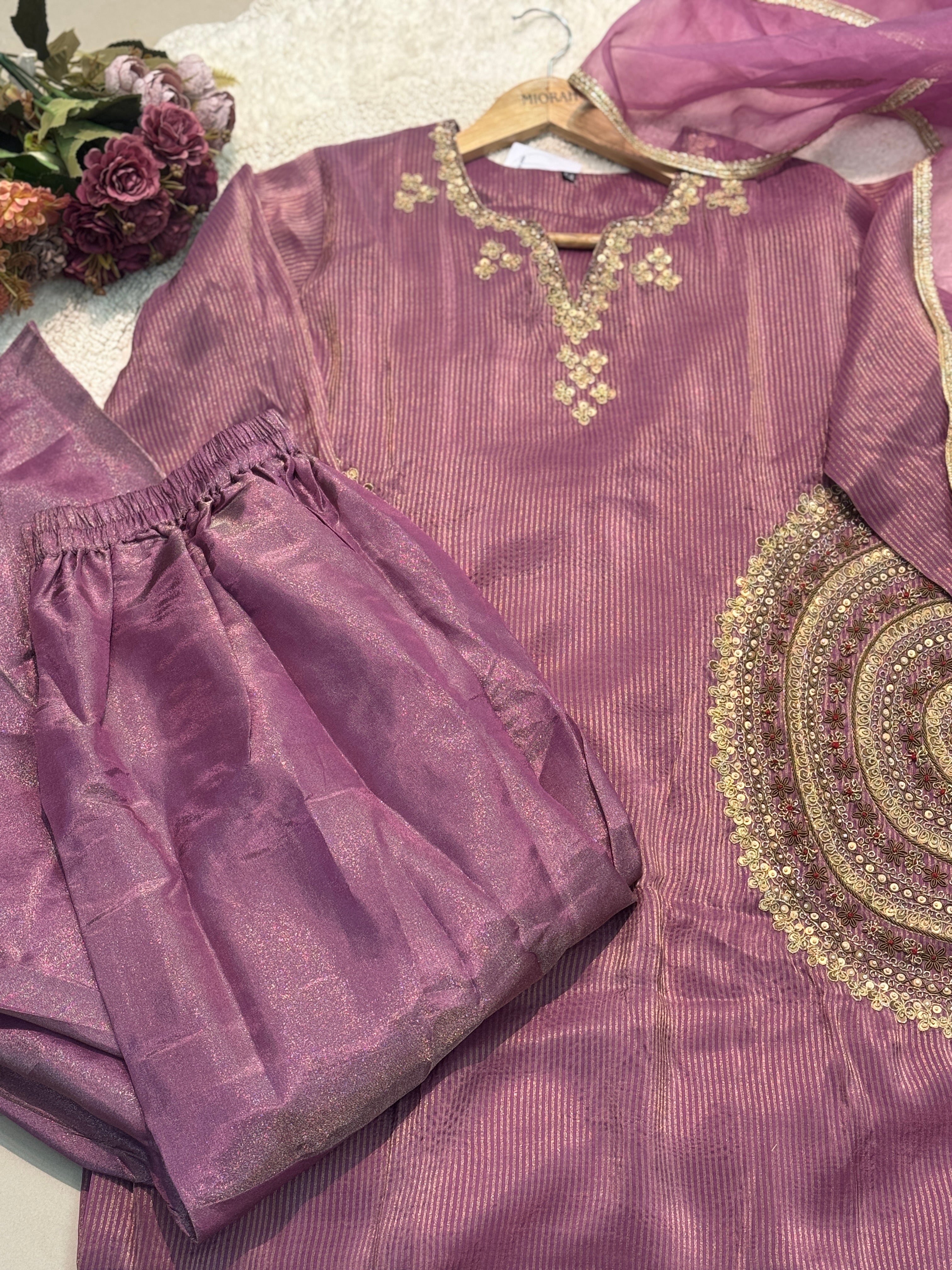 premium Inner tissue handworked side cut kurta with palazzo pant and dupatta