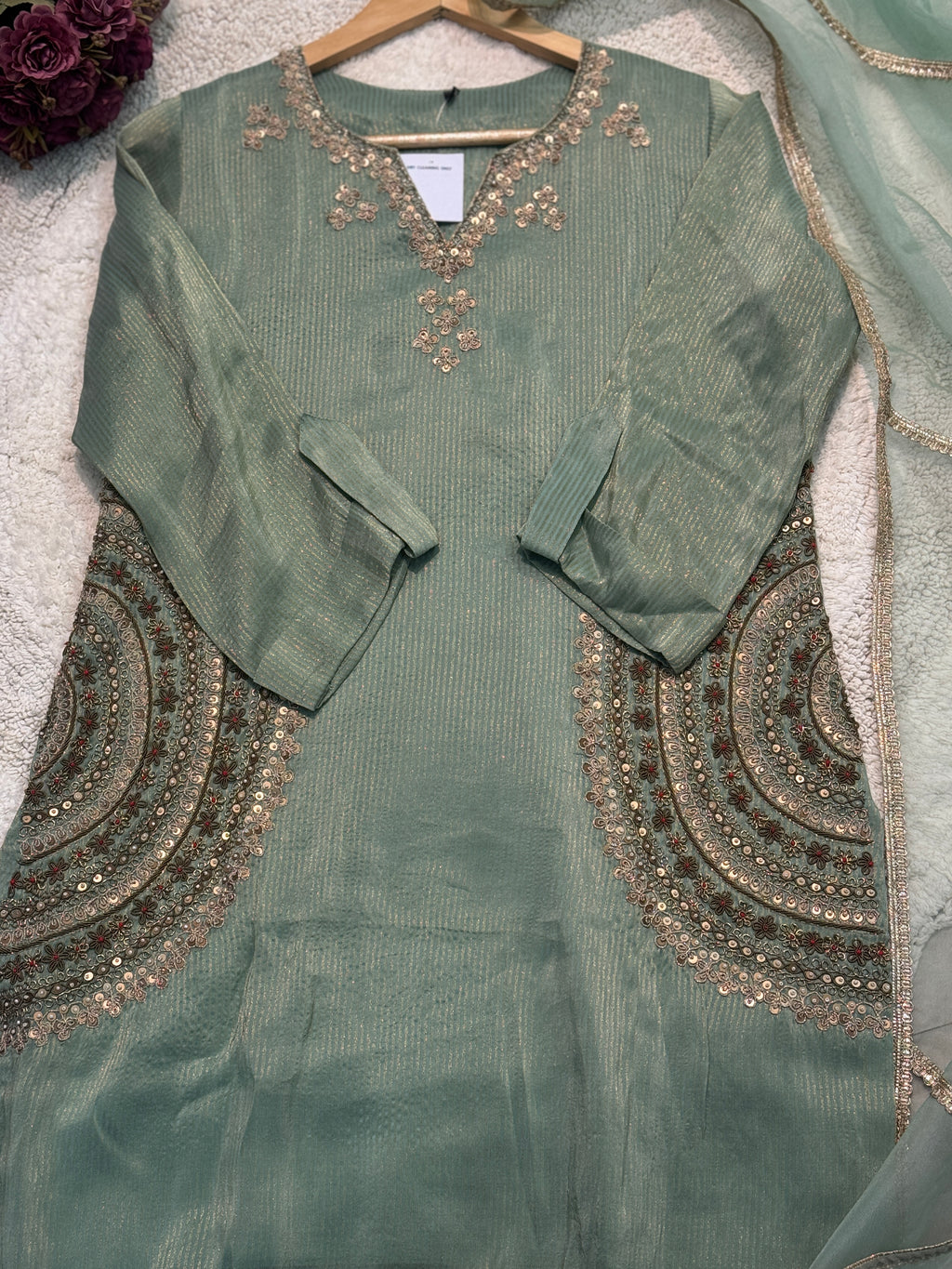 premium Inner tissue handworked side cut kurta with palazzo pant and dupatta