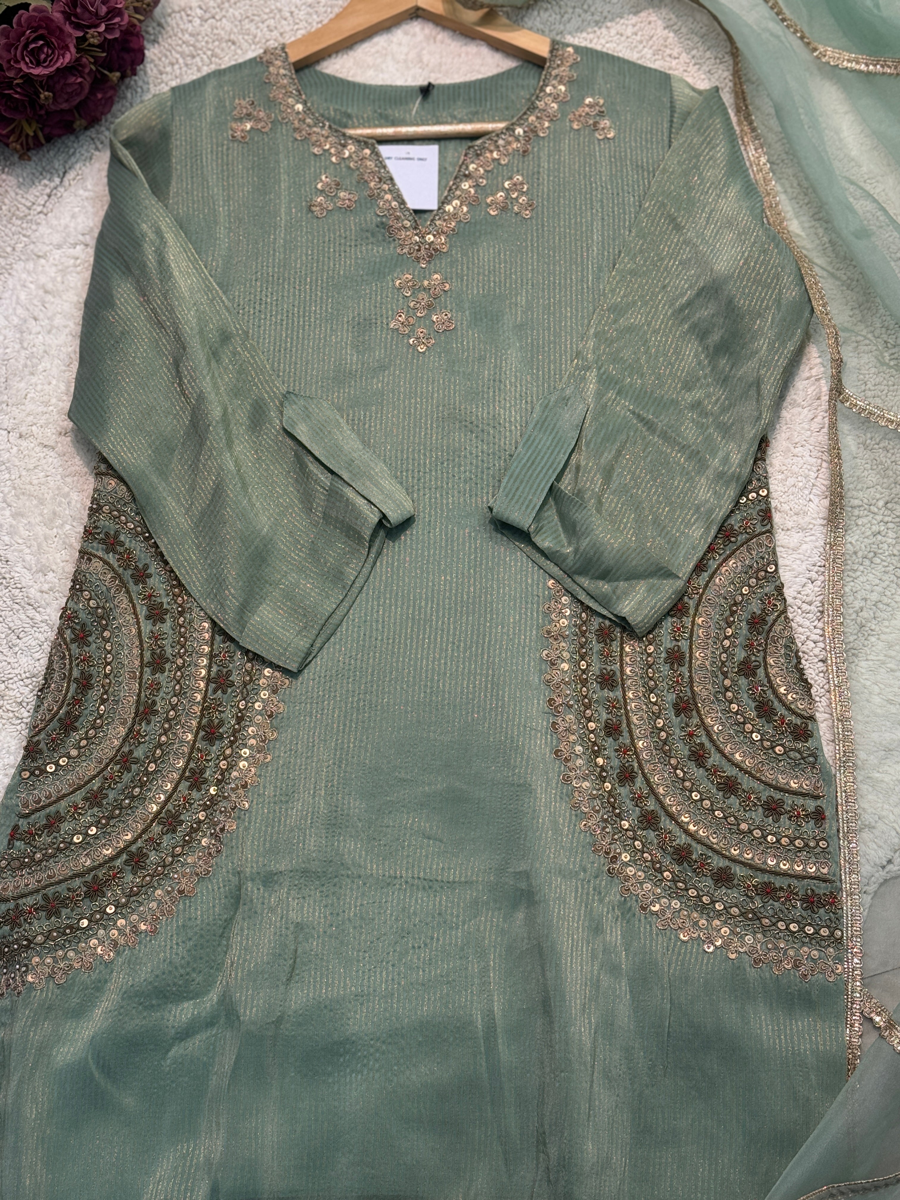 premium Inner tissue handworked side cut kurta with palazzo pant and dupatta