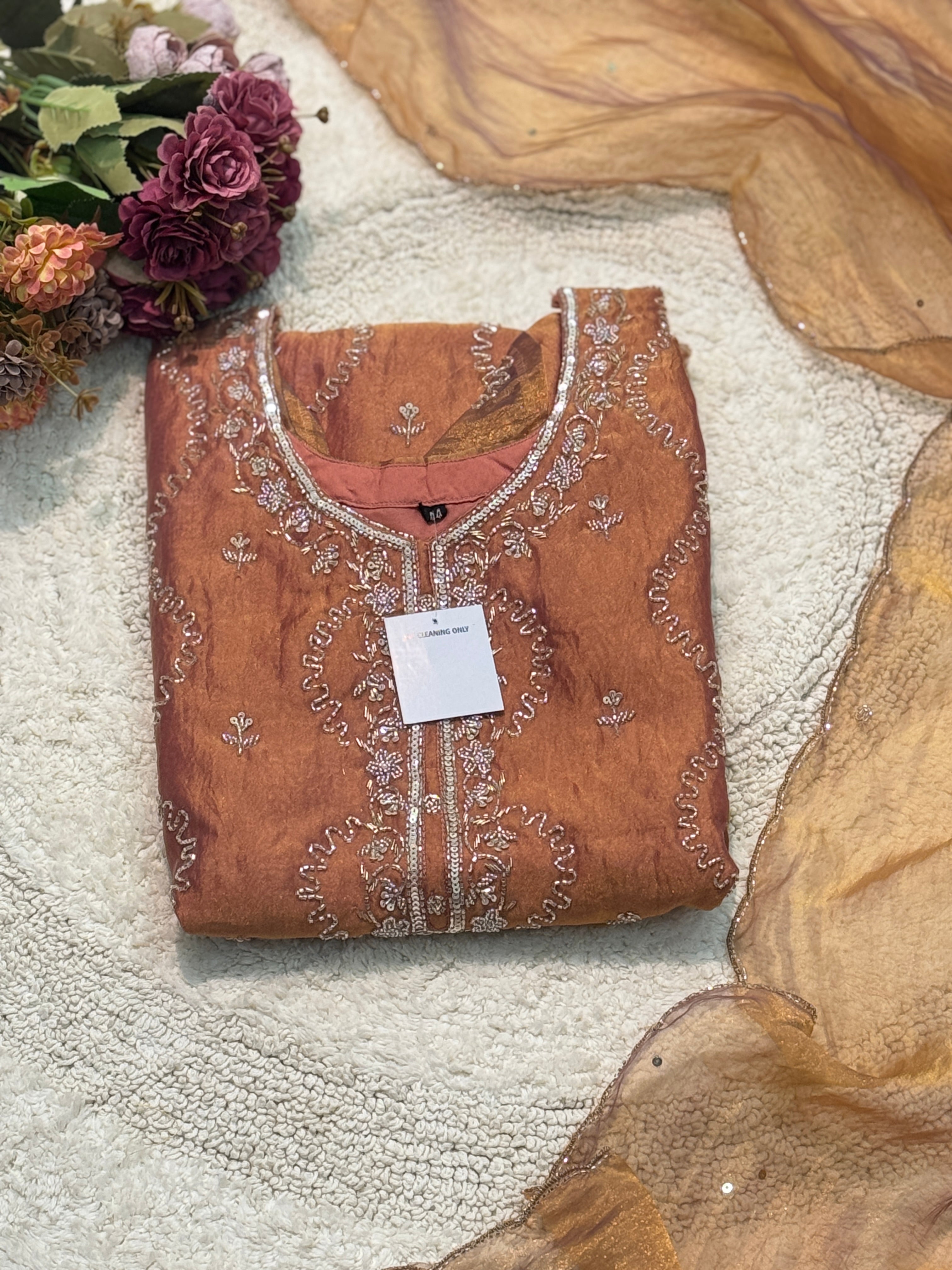 Glass tissue fully handworked side cut kurta with palazzo pant and dupatta